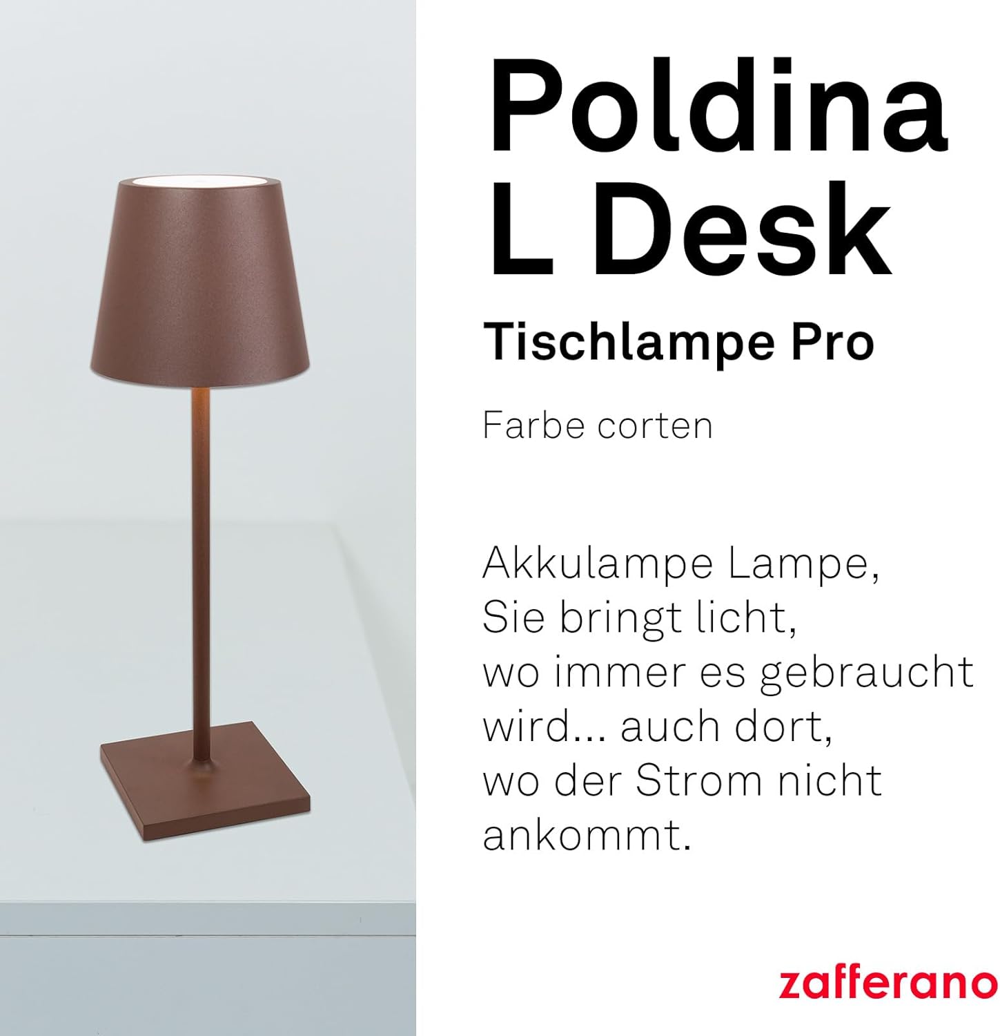 Zafferano, Poldina L Schreibtischlampe, Tragbare und Wiederaufladbare Tischlampe mit Touch Control, Geeignet für Wohnzimmer und Außenbereich, Dimmer, 2200-3000 K, Höhe 49,7 cm, Farbe Corten