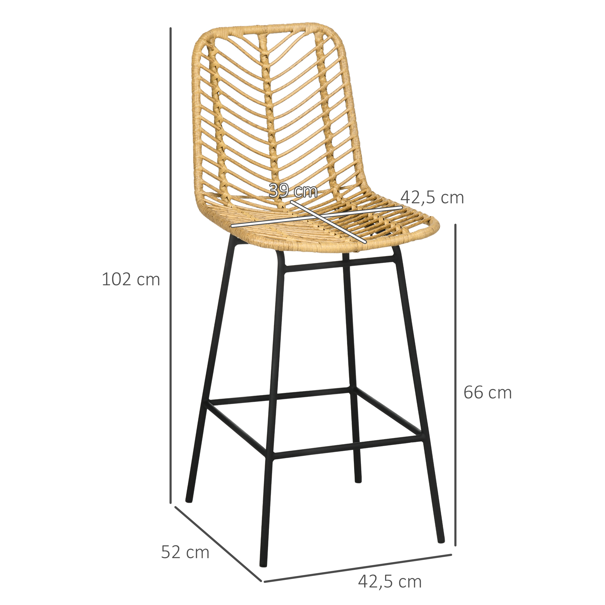 Set van 2 barkrukken in boho-design, PE-rotan, inclusief voetsteun, 42,5 cm x 52 cm x 102 cm, geel+zwart