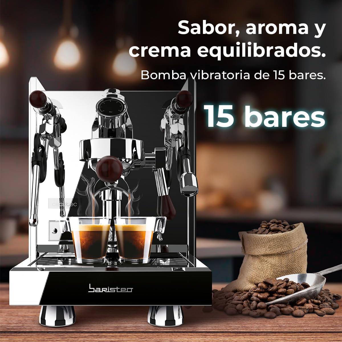 Cecotec Espresso-Kaffeemaschine Barista Baristeo Intima, professionelle Barista-Espressomaschine, Vorbrüh-System, 15 Bar Pumpe, einfaches Befüllen, 1,7L Wassertank und Tassenwärmer