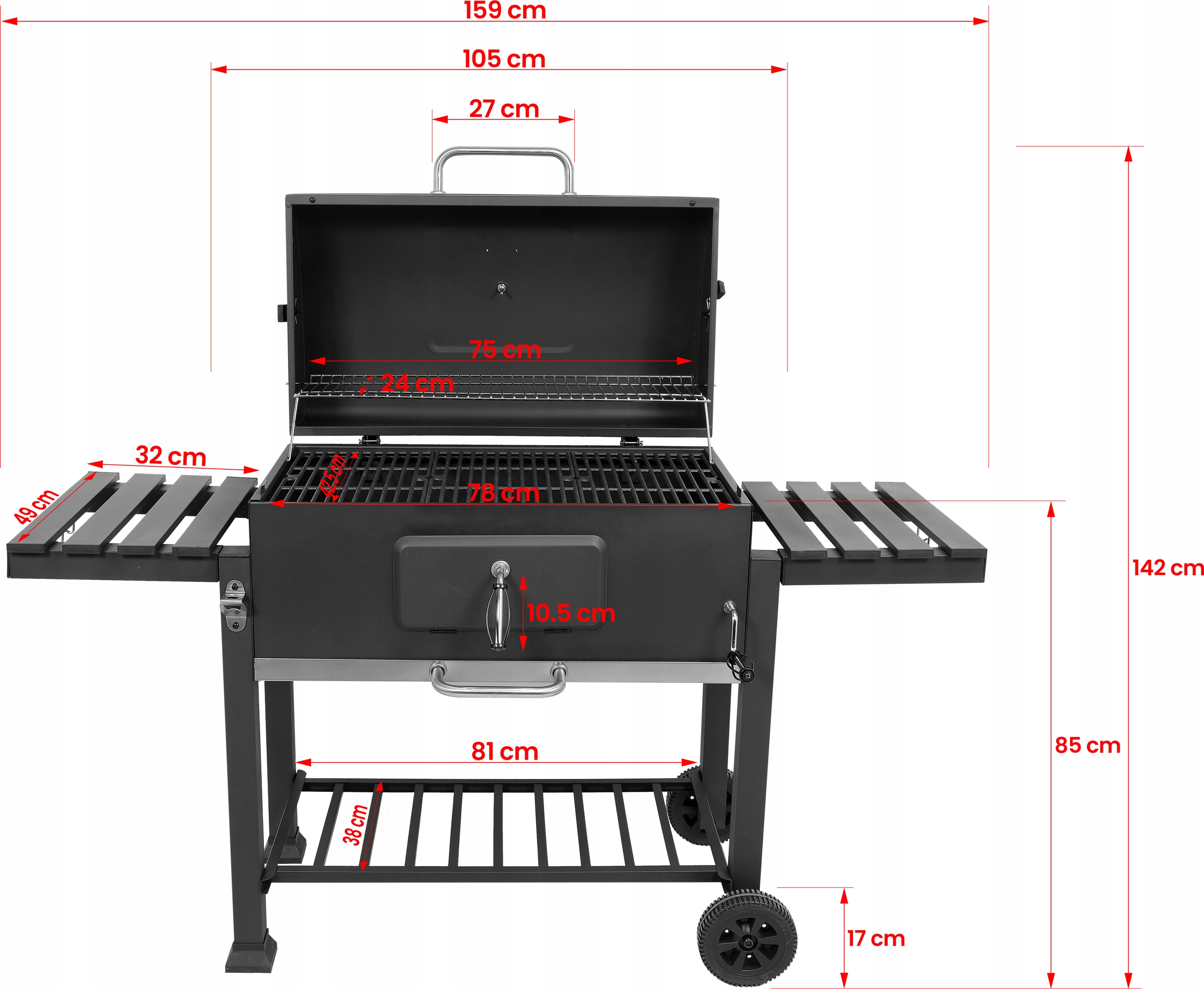 DUŻY GRILL WĘGLOWY XXL REGULOWANY ŻELIWNY RUSZT 78x42,5mm 3 PÓŁKI LUND