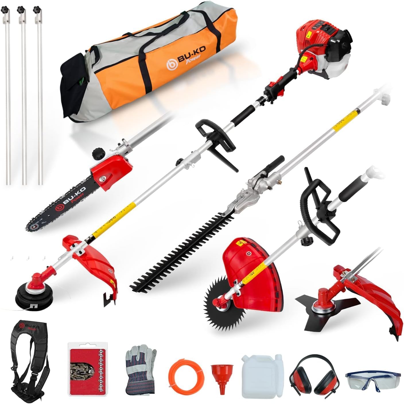 BU-KO 52cc Motorsense Benzin Gartengerät mit großer Reichweite: Benzin-Strimmer und Freischneider ausziehbare Benzin-Heckenschere -Kettensäge 3X 75cm Verlängerungsstangen, Werkzeugtasche