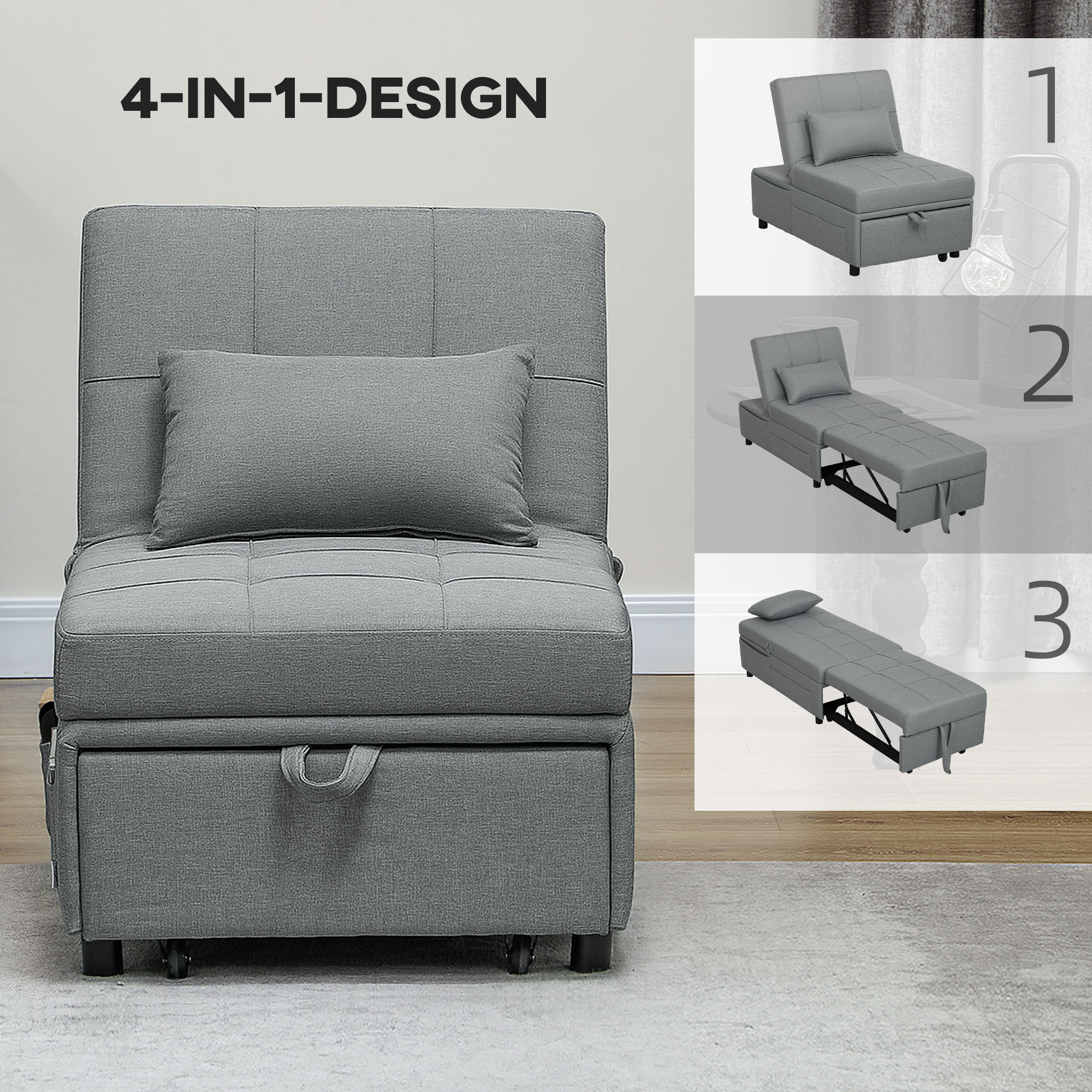 3-in-1 Opklapbare Fauteuil met Zijvak, Gastenbed met Kussen, Verstelbare Rugleuning, Slaapstoel met Wielen, Lichtgrijs