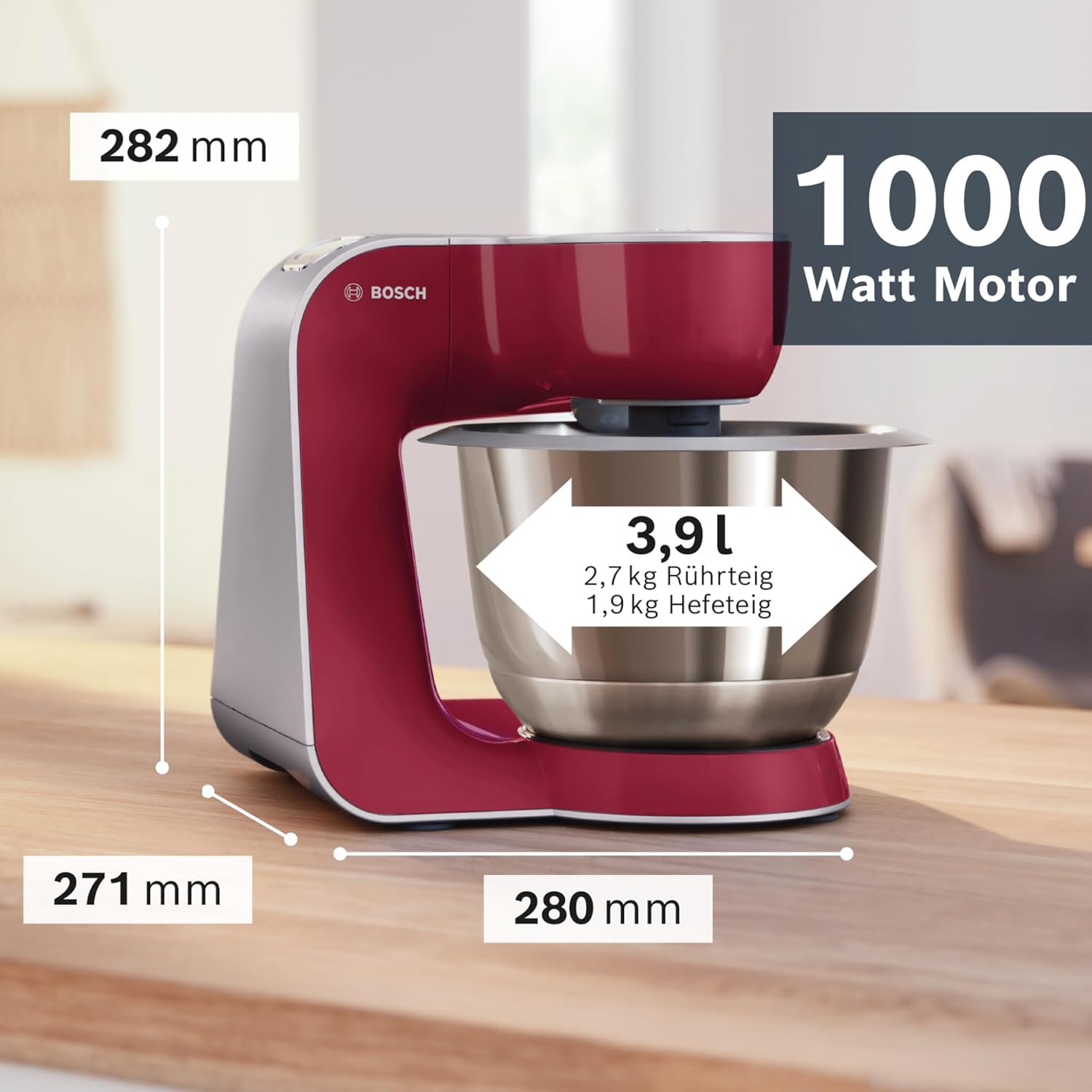 Bosch Küchenmaschine Serie 4 MUM58720,Edelstahl-Schüssel 3,9 L, Mixer 1,25 L, Planetenrührwerk,Knethaken,Schlag,Rührbesen, Durchlaufschnitzler, 3 Scheiben, 1000 W, Dunkelrot/Silber