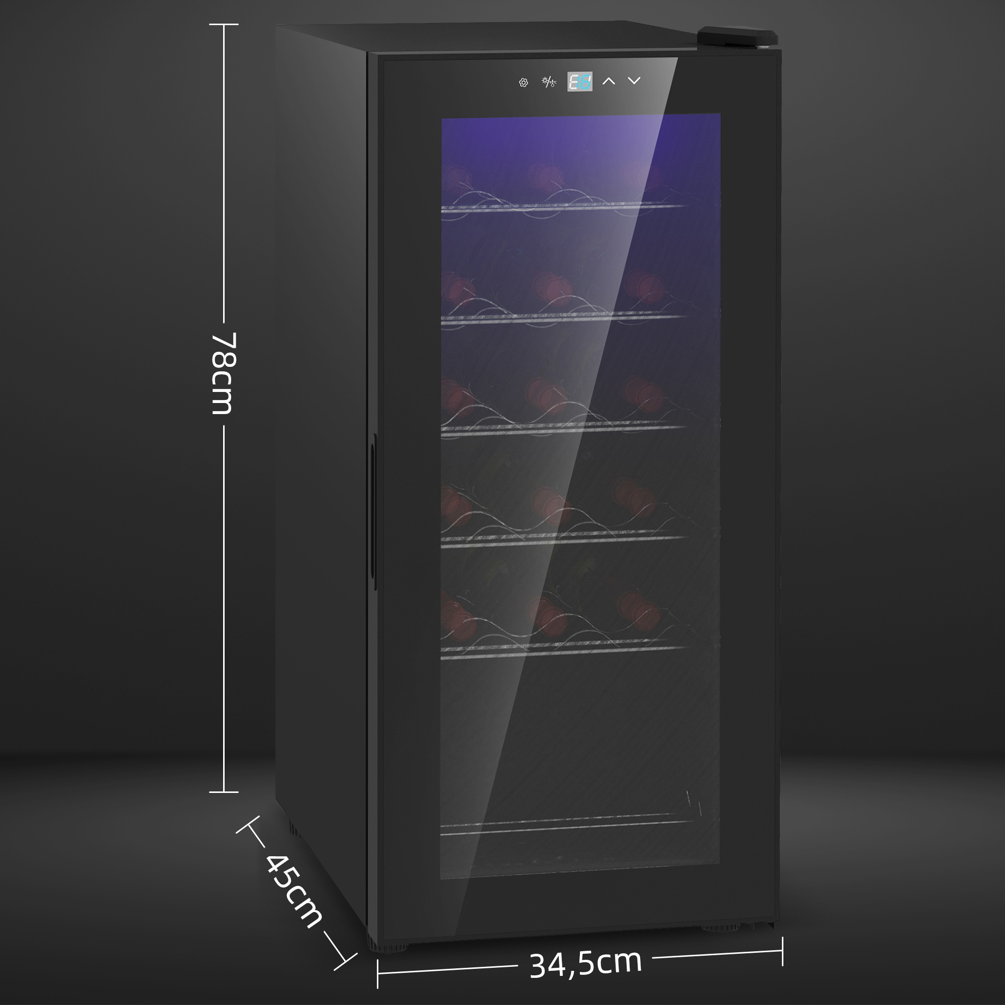 Wijnkoelkast, Stil, 5-18��C, Touchscreen, Verlichting, 34,5x45x78cm, Zwart