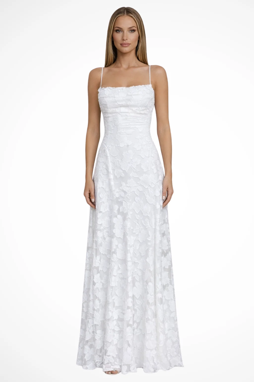 Damen Maxikleid mit Spaghetti-Tr?gern und Blumen-Jacquard | R��ckenfreies Abendkleid mit Schn��rung f��r festliche Anl?sse