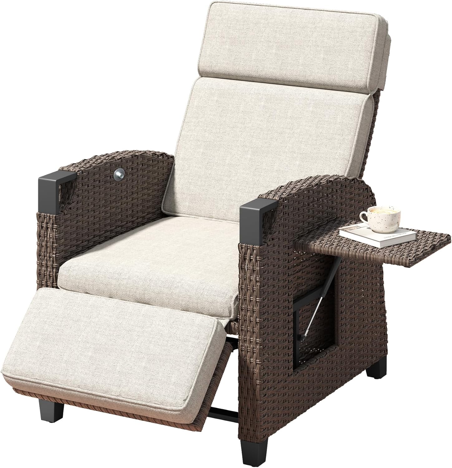 Amopatio Relaxliege Liegesessel, Rattan Sonnenliege mit Verstellbar Rückenlehne und Klapptisch, Outdoor Gartensessel wetterfestes, für Terrasse, Garten, Balkon – Beige & Braun