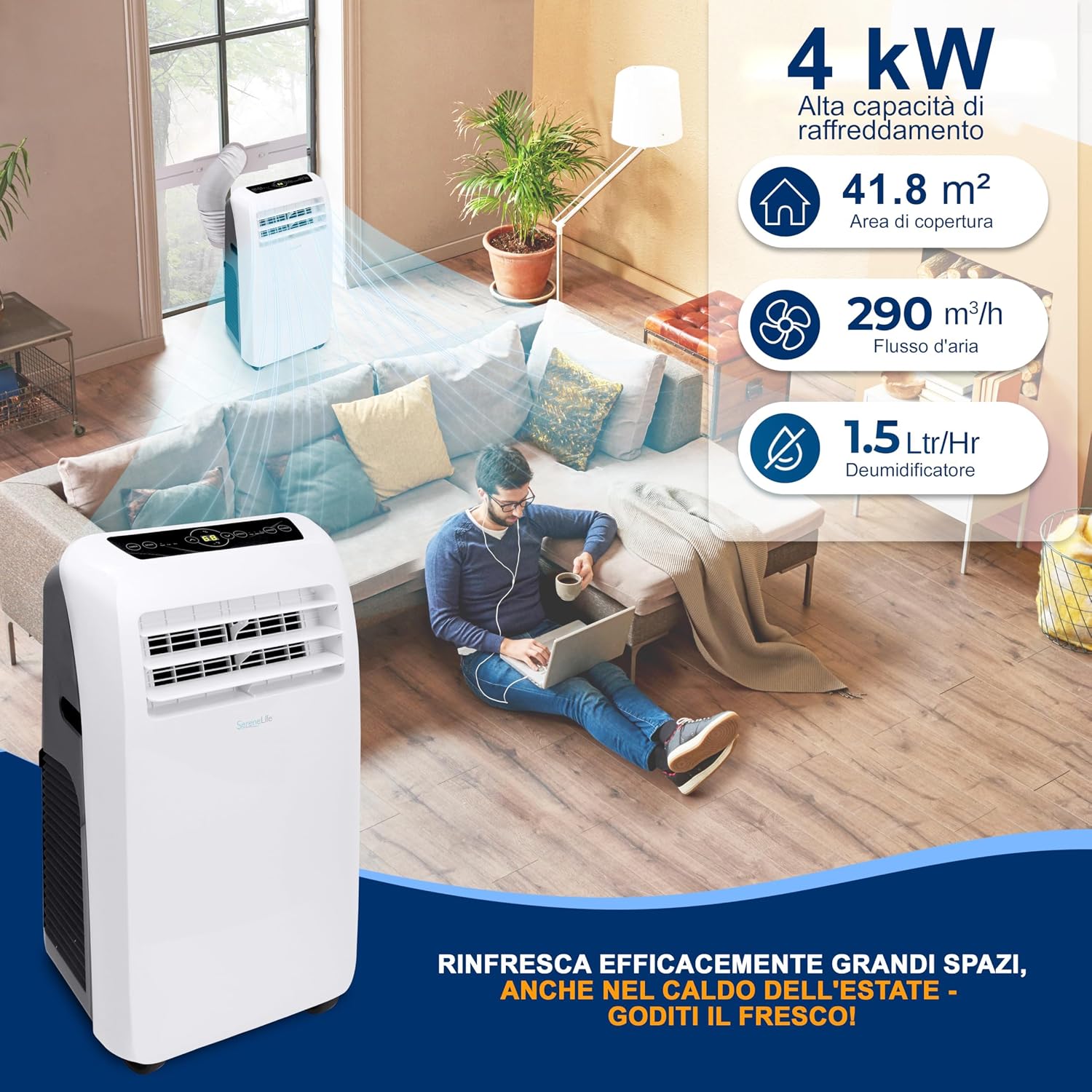 SereneLife Mobile Klimaanlage 4 kW 9000 BTU – L52 dB Leises Klimagerät für Schlafzimmer bis 20 m², Angenehme Kühlung an heißen Tagen, mit Entfeuchter, Lüfter & Fernbedienung