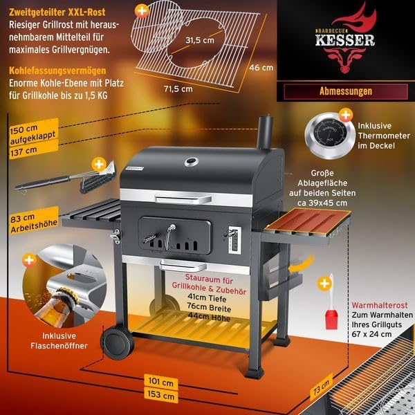 KESSER® Holzkohlegrill XXL Grillwagen Set mit Deckel & Thermometer – großer BBQ Kohlegrill Wagen, Smoker Grill mit Kamin & Lüftung, mit Grillrost, Warmhalterost & Ablage inkl. Haube, Bürste & Pinsel
