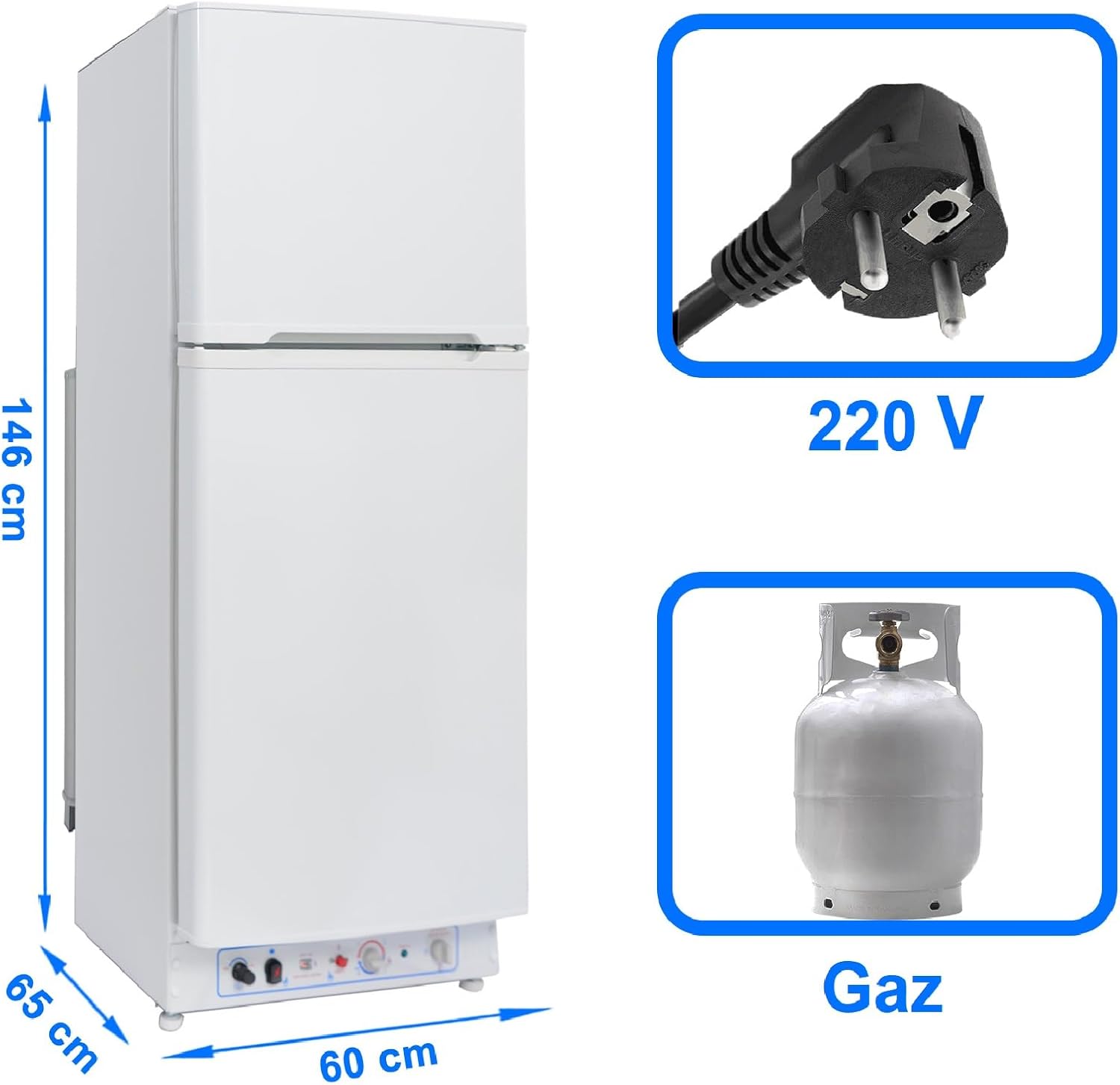 Frigo Congélateur Gaz/220V, Frigo Congélateur Combiné 175 litres (129+46), Réfrigérateur Congélateur Camping Gaz, Silencieux pour Gîte, Garage, Cabanon, Chalet, Mobile-home, Blanc