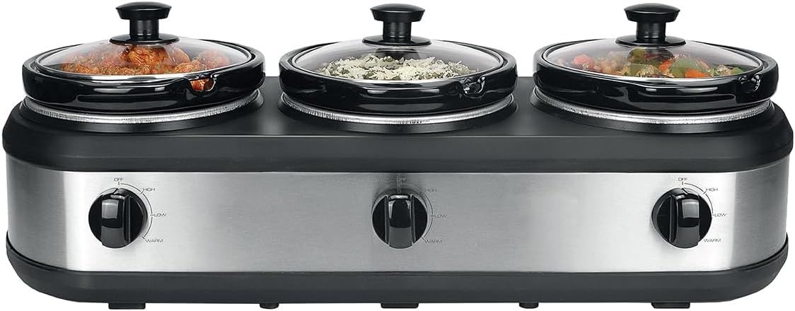 Silver Triple Slow Cooker with Removable Pots - 3x2.5L Capacity, 3 Heat Settings & Keep Warm Function