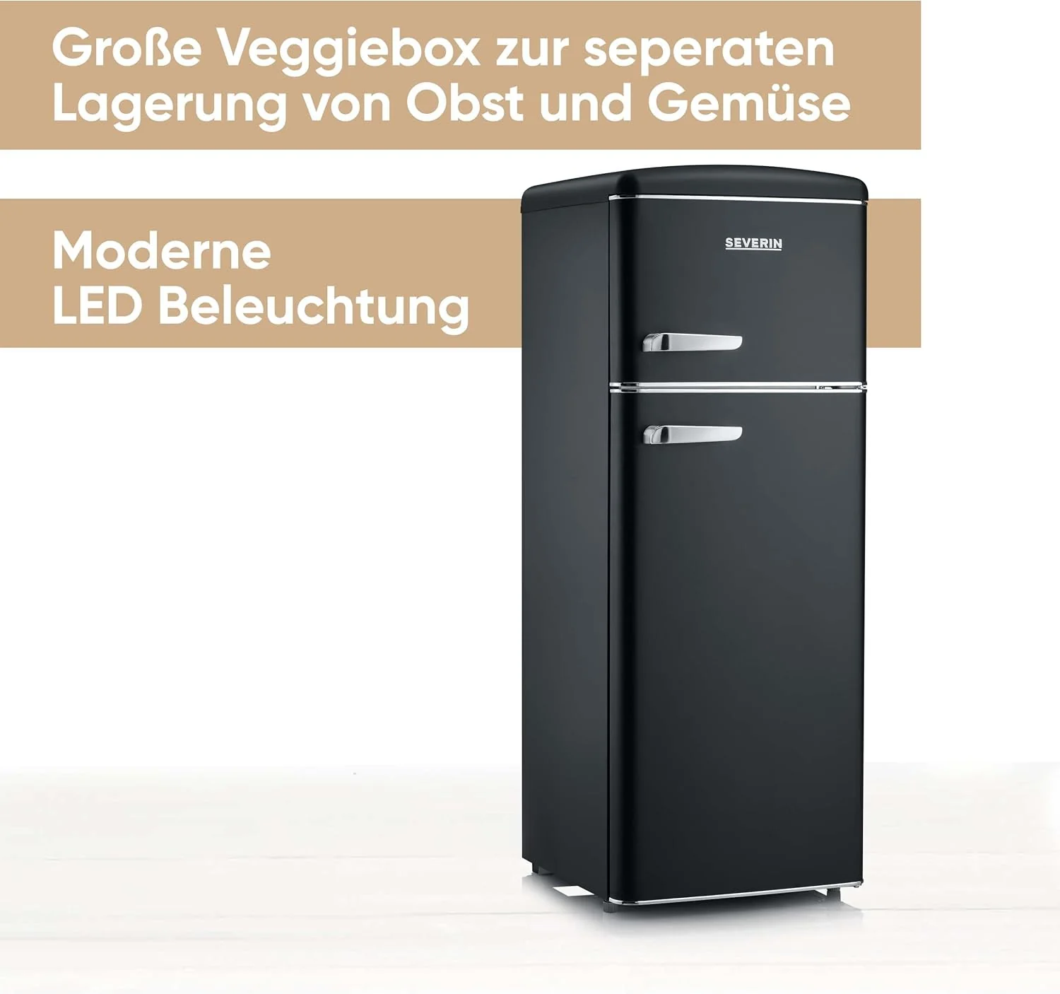 SEVERIN Retro - K��hl-/ Gefrierkombination, platzsparendes Raumwunder, 4 x h?henverstellbare Abstellfl?chen und eine gro?e Veggiebox, 206 L Nutzinhalt, creme, RKG 8933