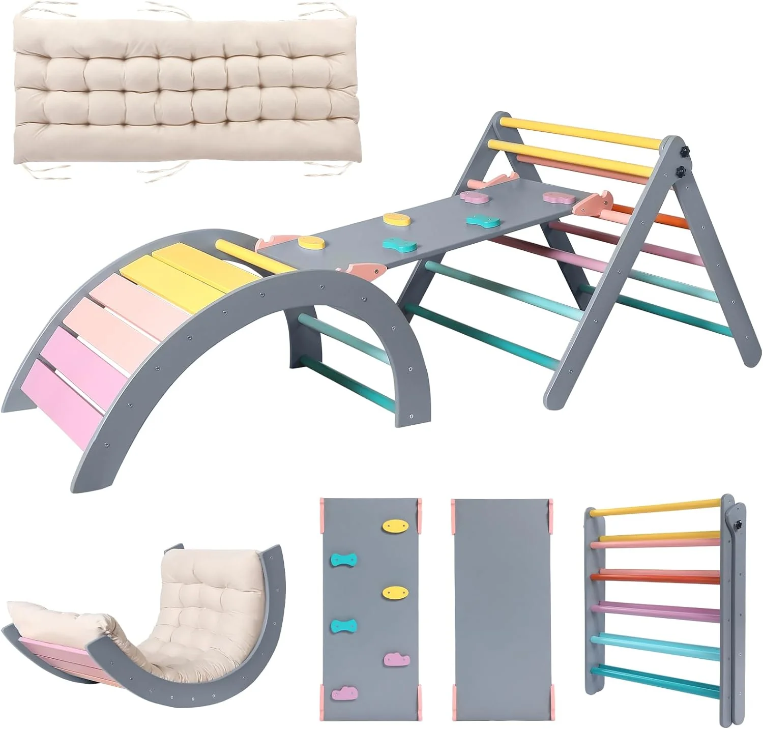 Driehoekset met kussen, 5-in-1 Montessori klimset, opvouwbaar, klim-binnenspeeltuinset voor peuters, houten klimspeelgoed met glijbaan en klimboog voor kinderen (houtkleur)