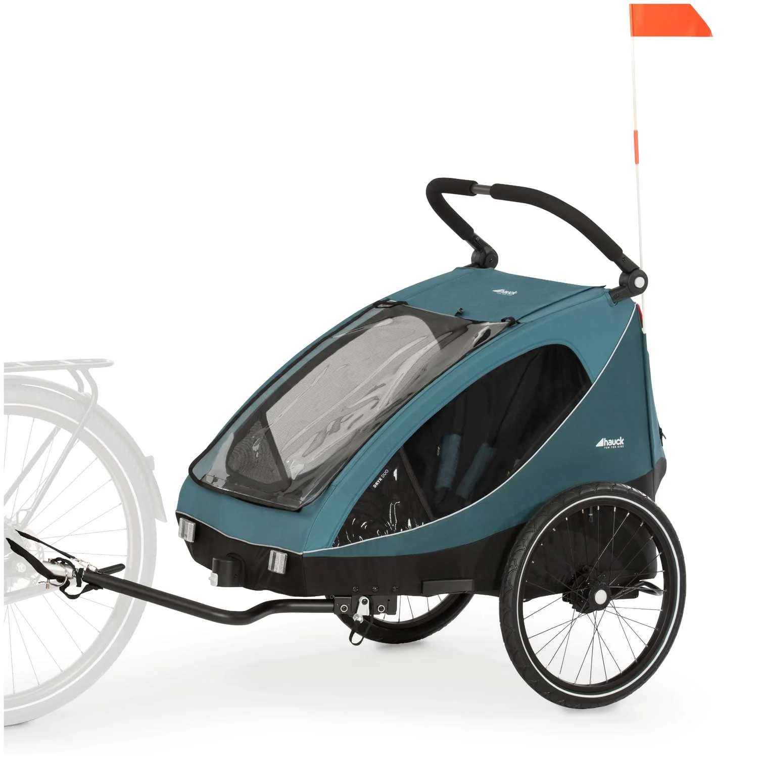 hauck Fahrradanh?nger & Kinderwagen Dryk Duo Plus mit Federung, f��r 2 Kinder (6-48 Monate), inkl. Deichsel, Buggyrad, Fahne und LED Licht, Faltbar, H?henverstellbar, XL Kofferaum (Dark Green)