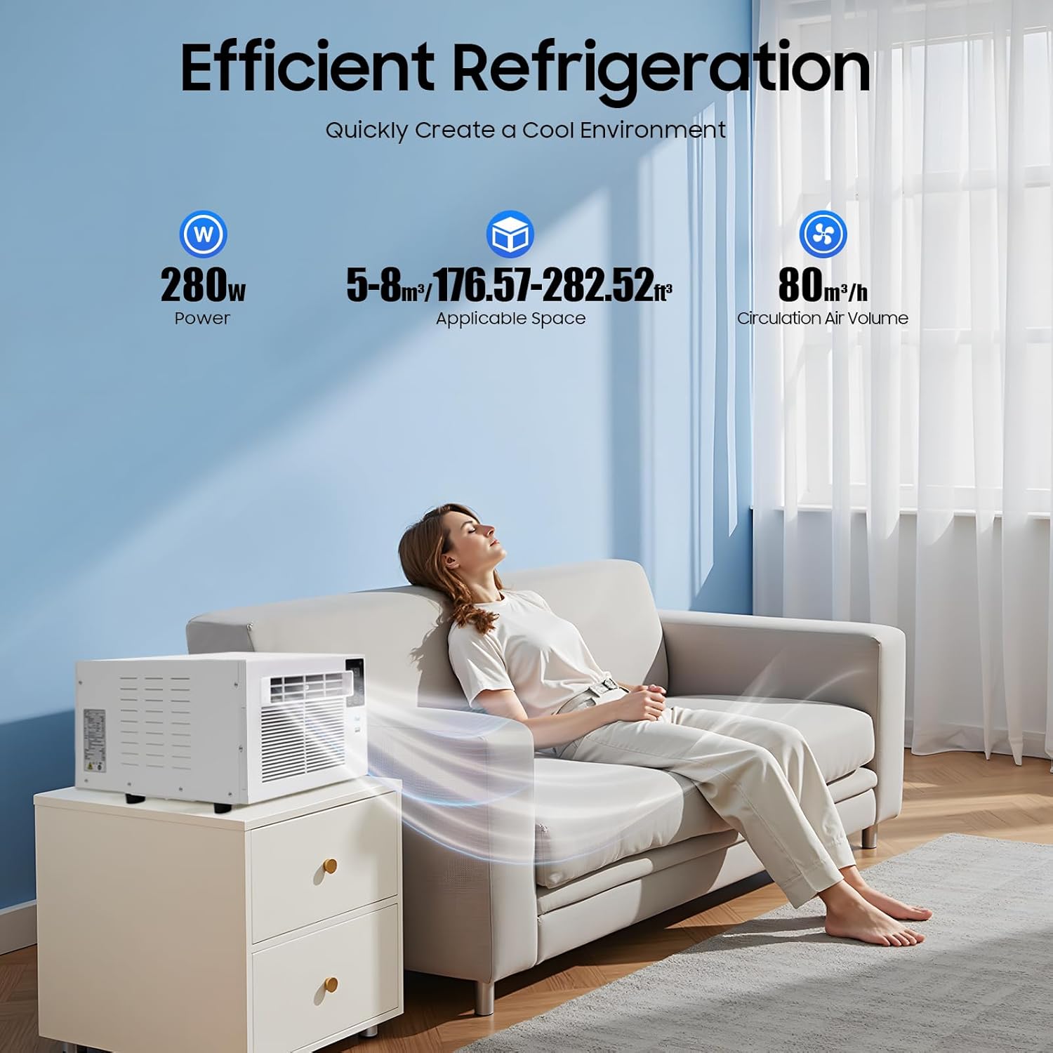 Tragbares Mini-Klimaanlage, AC 220V 280W Mobile Kühlgerät, Kompaktes Geräuscharm Cool Fensterkühler Klimagerät für Schlafzimmer, Höhlen, mit Timer-Funktion (bis zu 12 Stunden)