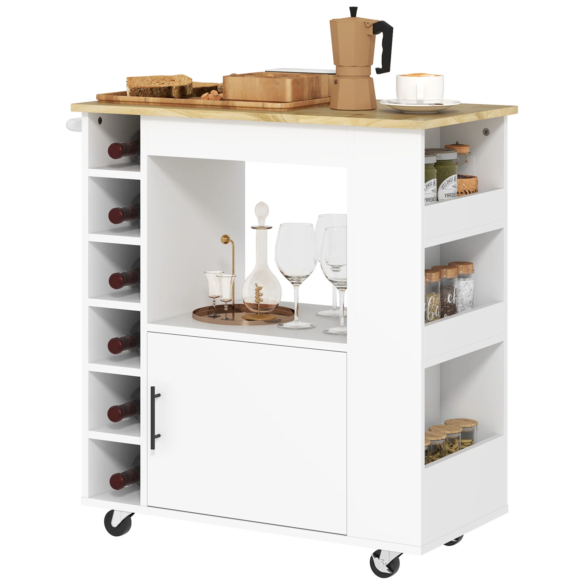 HOMCOM Keukentrolley, Rolbare Keukeneiland, Keuken-Trolley met Vakken, Wijnrekken, Kast en Werkblad, Wit