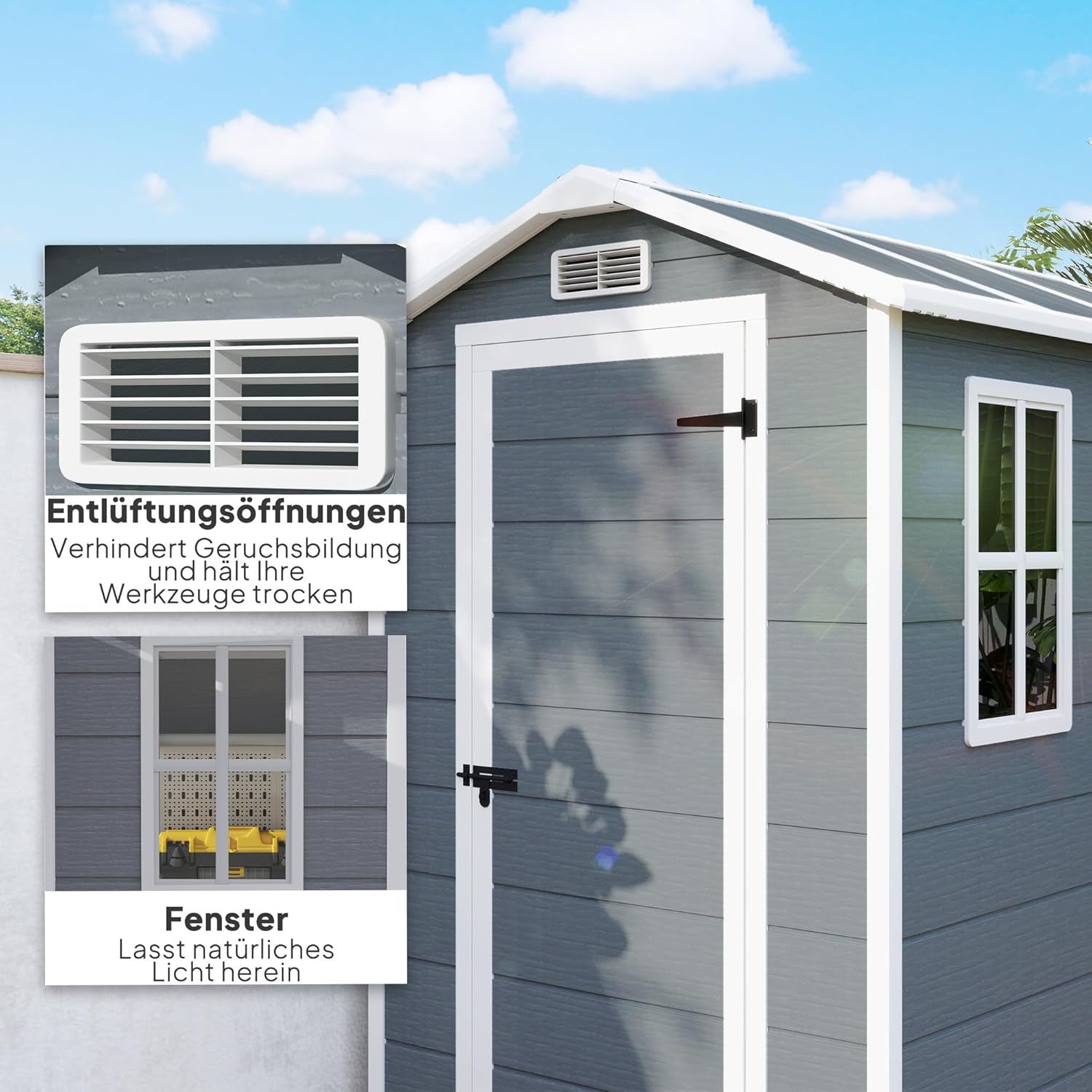 Outsunny Gerätehaus 2,1m², Wasserdicht Gartenhaus mit Boden Pultdach, 131x186x198/172 cm, Geräteschuppen mit Abschließbar Tür, Fenster Fahrradgarage aus Kunststoff, für Hinterhof, Garten, Grau
