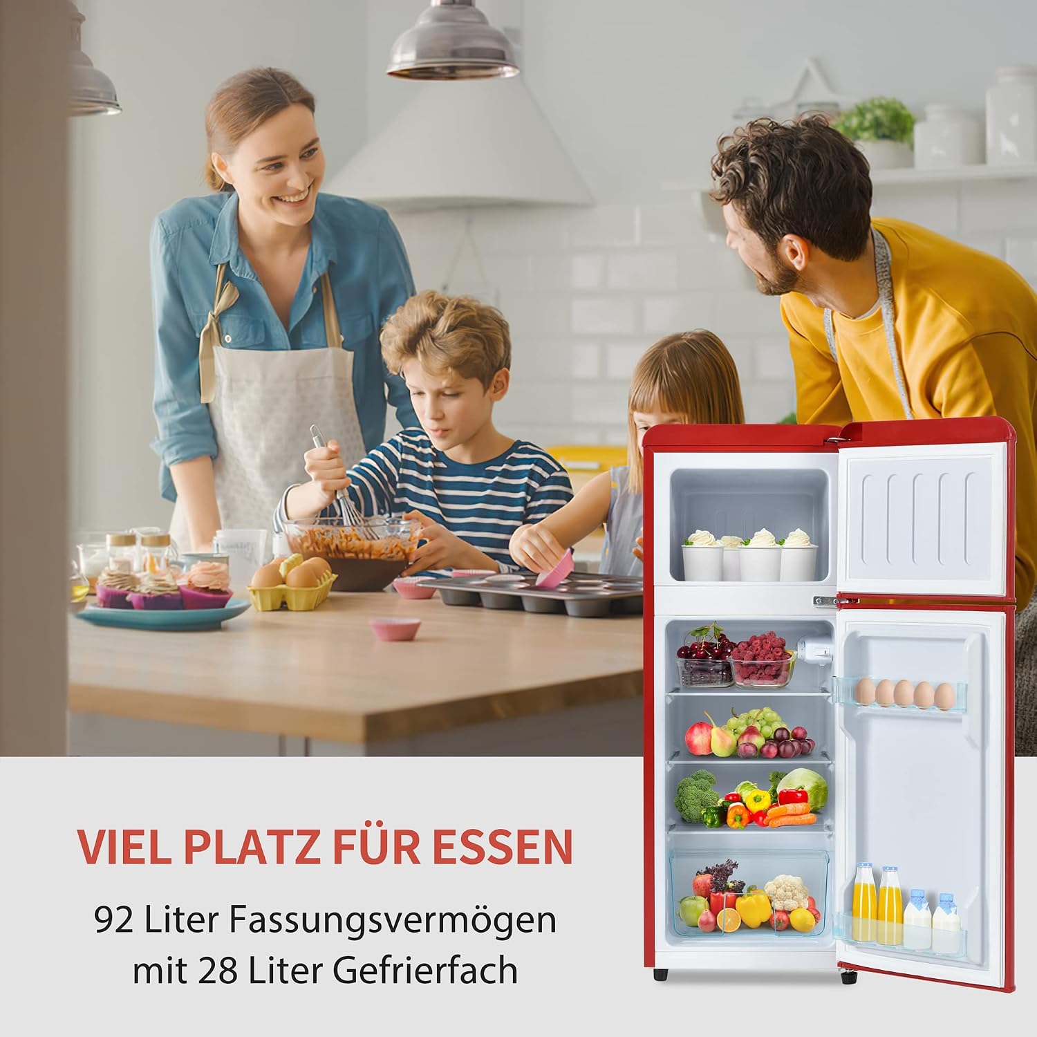 Merax Retro Kühlschrank 92L Kühl-Gefrierkombination, Zweitürig Mini Kühlschrank mit Gefrierfach 28L,Kühlschrank Freistehend, 7 Temperaturstufen,41x105,5 cm - Rot