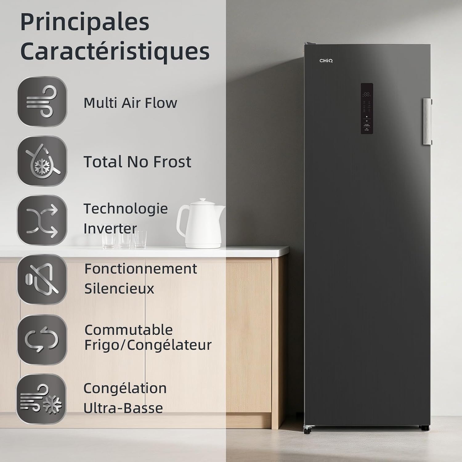 CHiQ Congélateur Armoire 206L No Frost Inverter Noir (CSD206NEID) | Multi Air Flow, Ultra-Bas -32°C, Silencieux 39dB, Réfrigérateur Congélateur Commutable, Hauteur 1705mm