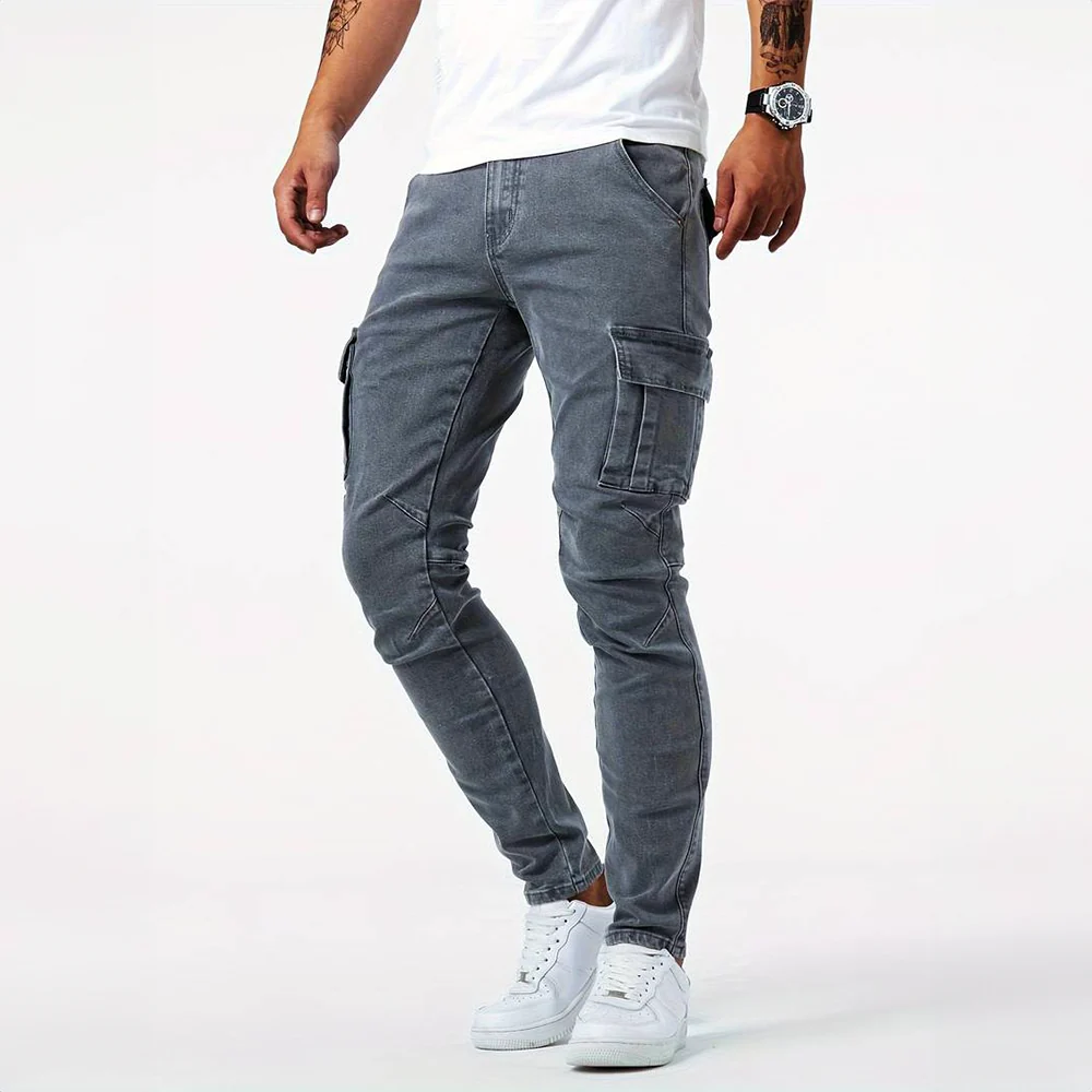 Herren Cargo Jeans aus elastischem Stretch Denim | Slim Fit Freizeithose mit praktischen Seitentaschen f��r Arbeit und Freizeit