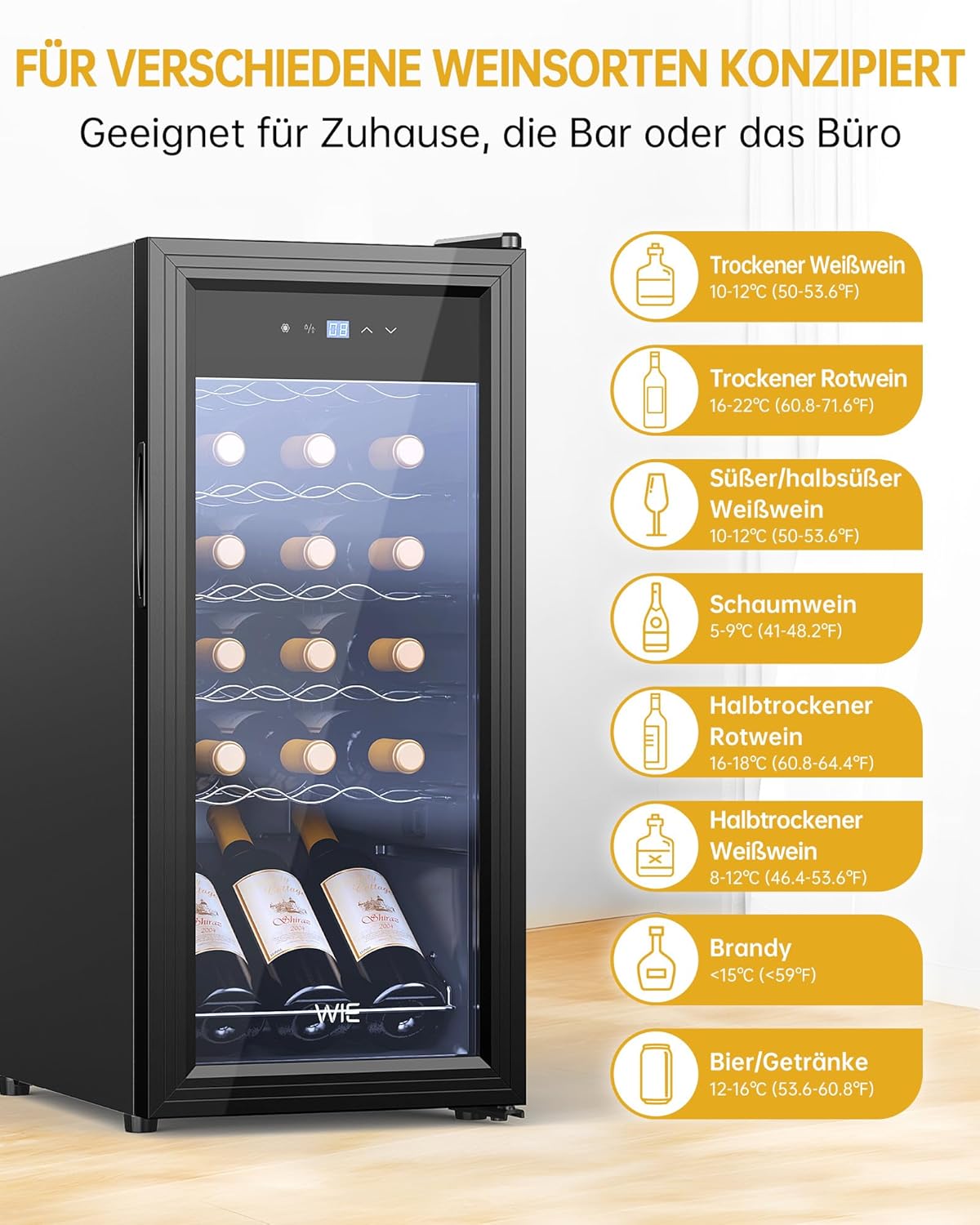 WIE Wine Fridge Compressor 53 Litres 18 Bottles Drinks Fridge Small Wine Cabinet Small Wine Fridge with Glass Door, Full Glass Design Door with LED Touch Panel, Anti-UV, Wine Fridge 5-18°C