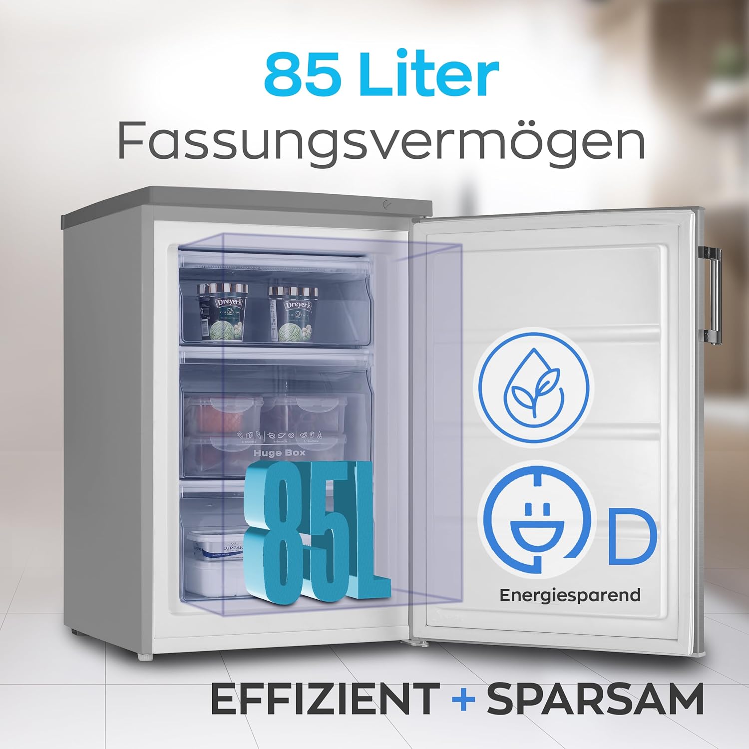 Heinrich´s Gefrierschrank 61Liter -18°C Freezer, 3x Gefrierschublade, 7 Stufen Temperaturregler, Airflow, wechselbarer Türanschlag weiß