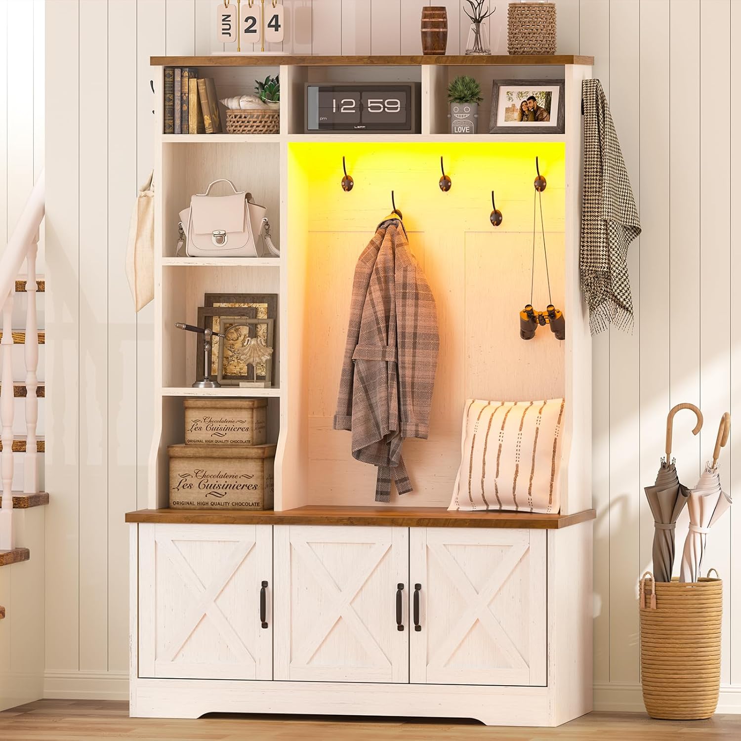 CSZZD Hall Tree with Bench and Shoe Storage, Farmhouse Entryway Bench with Coat Racks and Led Lights, Tall Hall Tree with 7 Coat Hooks, 6 Storage Cubbies, Adjustable Shelf