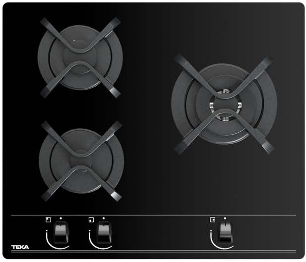 TEKA Placa de Gas Natural 60 cm, 3 Fuegos, Cristal Templado, Mandos Frontales Ergonómicos, Quemador Doble Anillo, Seguridad Termopar, Autoencendido, GBC 63010 KBN