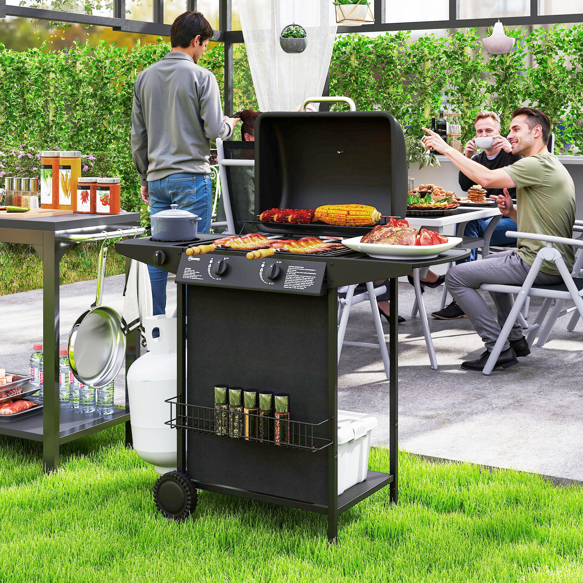 Outsunny Gasbarbecue 7 KW met 3 Branders, Zijbrander, Rollen & Deksel 107 x 54 x 96 cm Zwart