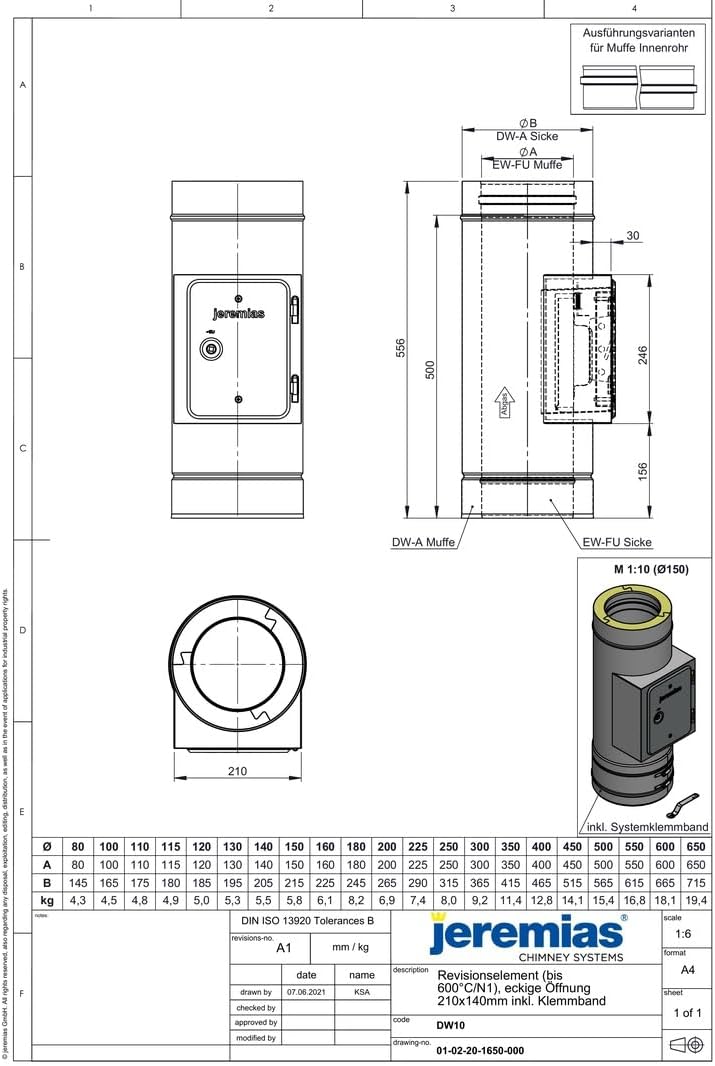 Jeremias DW-FU Revisionselement 150mm Edelstahl doppelwandig Abgassystem bis 600 Grad für Öl Gas Festbrennstofffeuerstätten N1