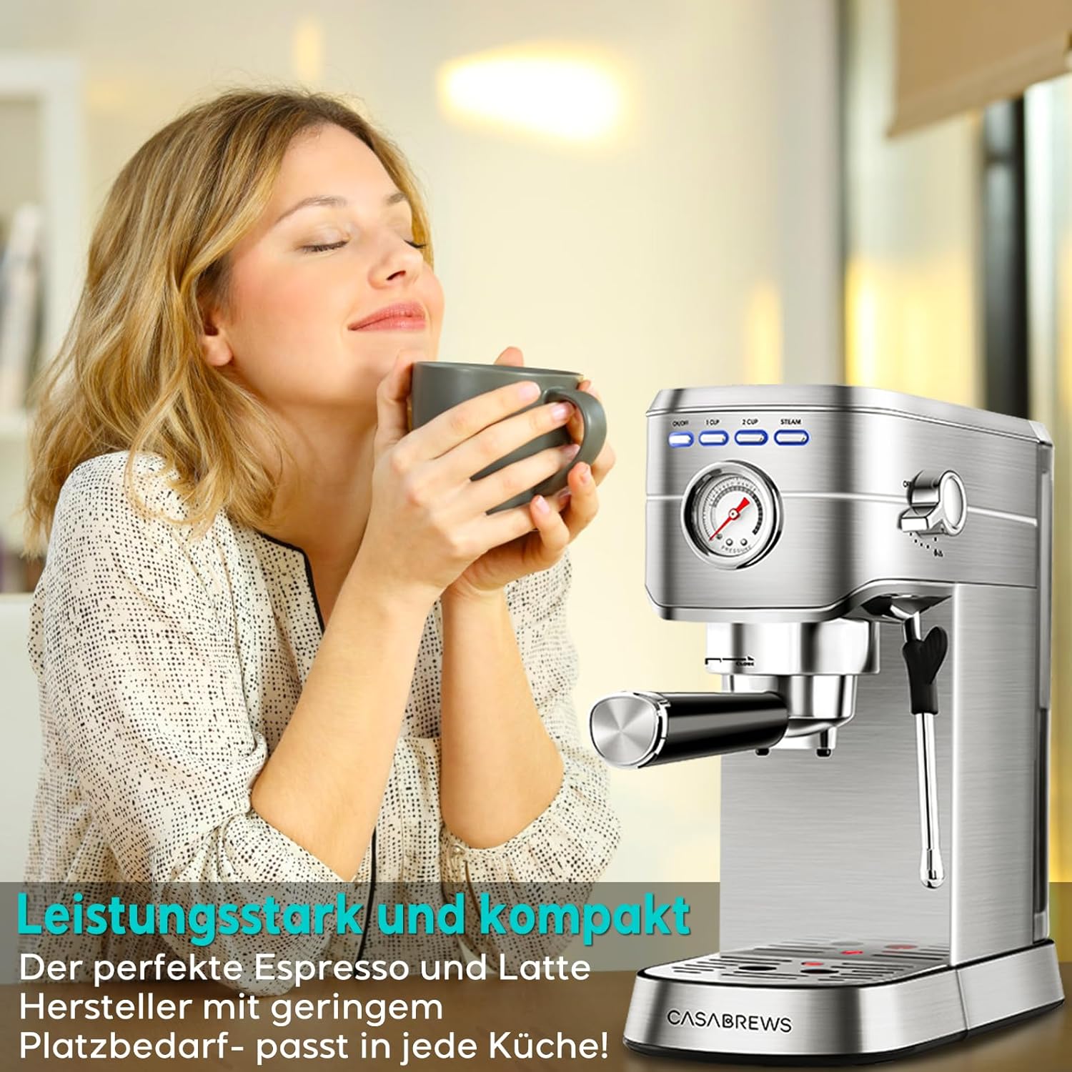 CASABREWS Espresso Siebträgermaschine 20 Bar, Edelstahl-Espressomaschine mit professionellem Milchaufschäumer, Klein Kaffeemaschine Espresso für Cappuccino, Latte & Macchiato, 1L Wassertank, Schwarz