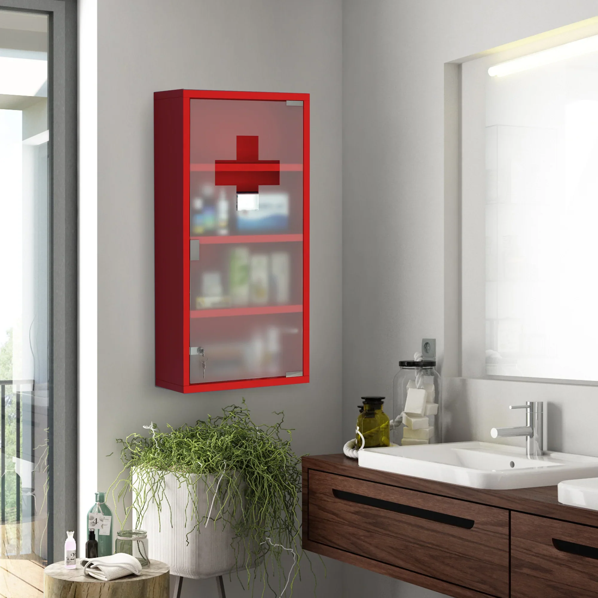 HOMCOM Medicijnkast afsluitbaar Tip-On automatisch veiligheidsglas