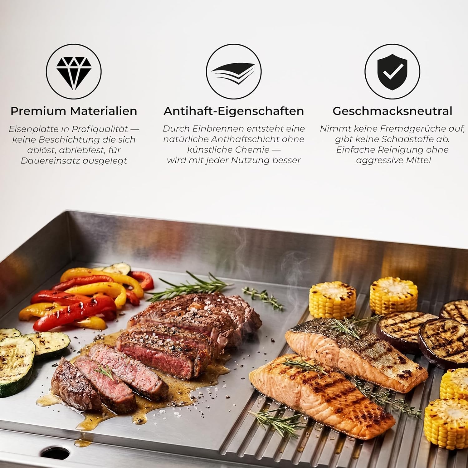 KLAMER Elektrogrill Edelstahl 3000W, XL Grillplatte 54,5x38,5 cm, Tischgrill Elektrisch 50–300°C, Eisengrillplatte, Spritzschutz, Auffangbehälter, Balkon & Gastronomie
