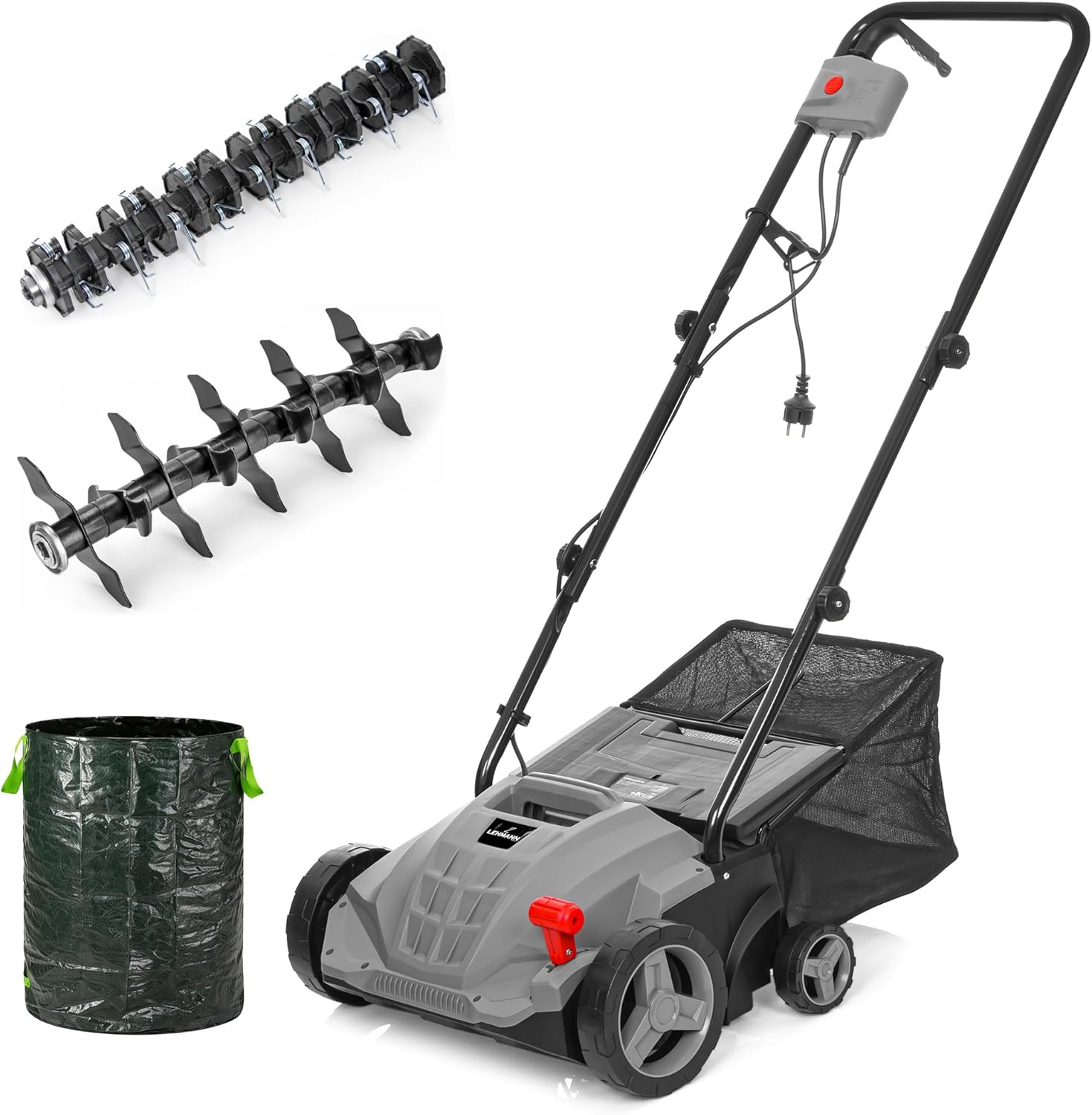 LEHMANN Elektro-Vertikutierer & Rasenlüfter 2-in-1, 1500 W, Arbeitsbreite 32 cm, 4-stufige Arbeitstiefeneinstellung, Rasenvertikutierer mit 30 L Fangkorb, kugelgelagerte Messer- & Lüfterwalze, Grau