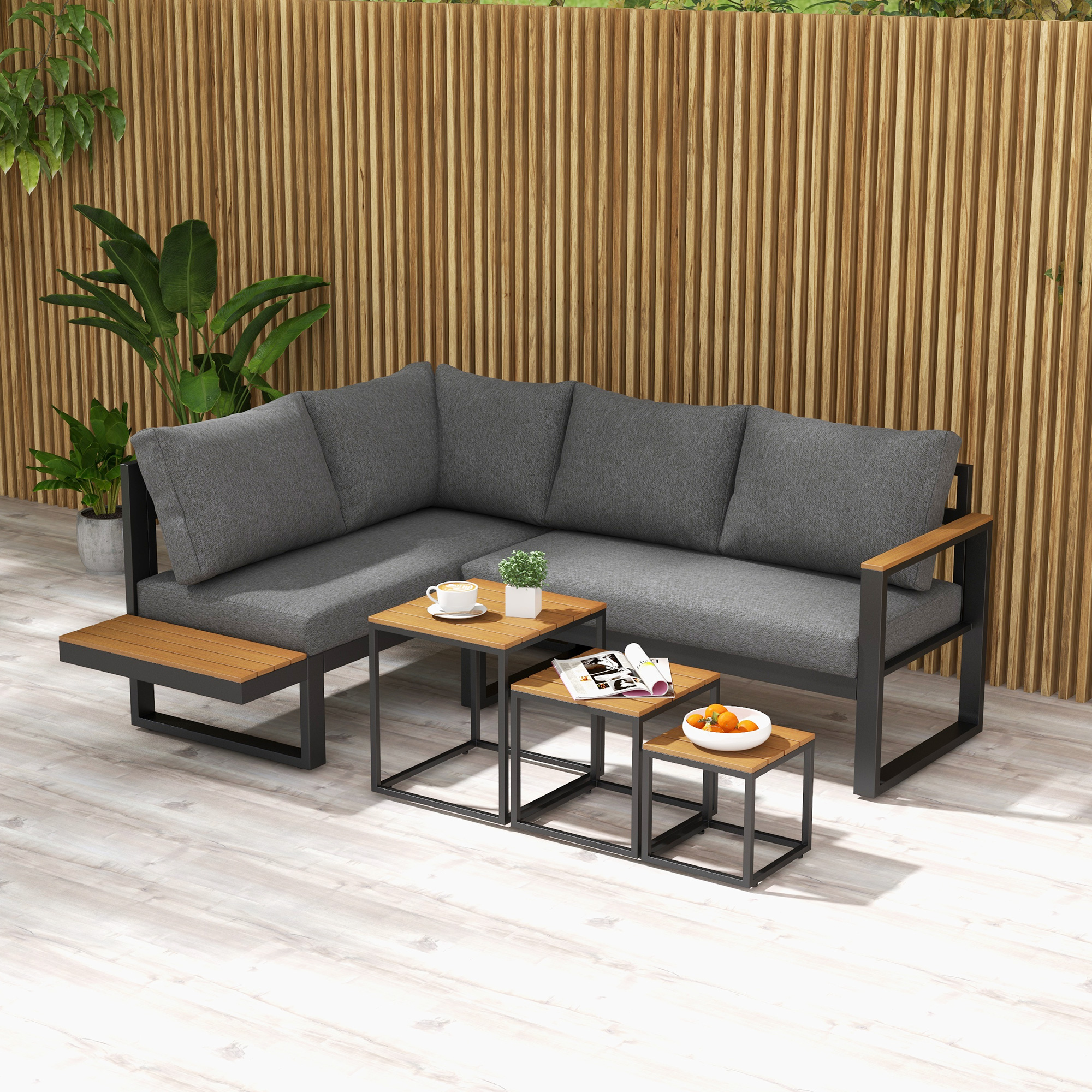 Outsunny 5-delige loungeset voor buiten, tuinmeubelset, 148 cm x 61 cm x 71,5 cm, Grijs + Natuurlijk
