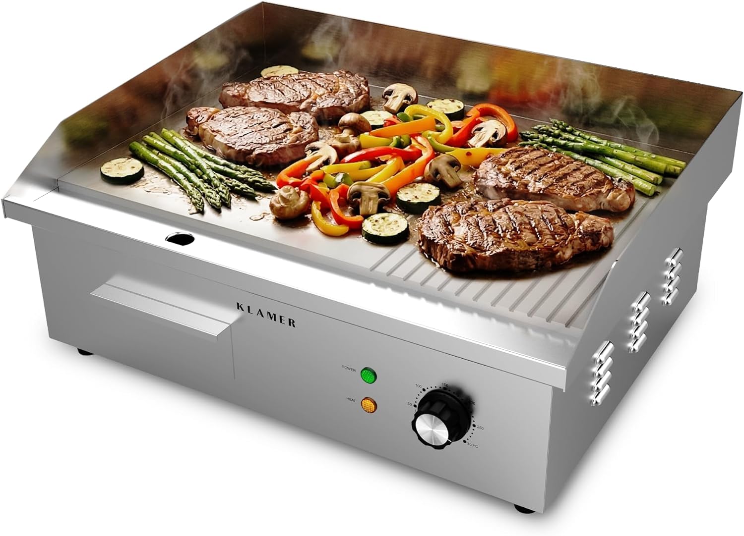 KLAMER Elektrogrill Edelstahl 3000W, XL Grillplatte 54,5x38,5 cm, Tischgrill Elektrisch 50–300°C, Eisengrillplatte, Spritzschutz, Auffangbehälter, Balkon & Gastronomie