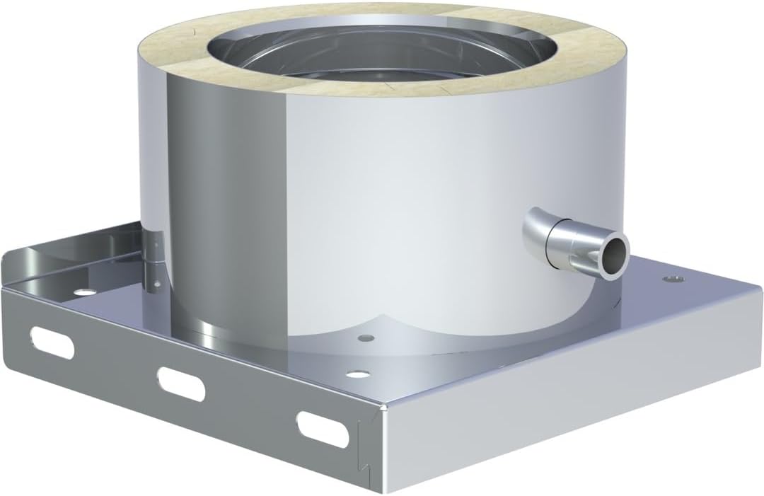 Jeremias DW-FU 350mm Edelstahl Grundplatte mit seitlichem Kondensatablauf und 1/2 Zoll Nippel für doppelwandiges Abgassystem