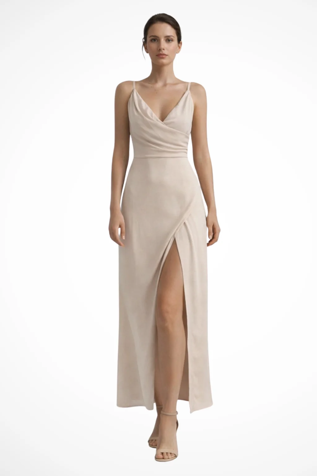 Damen Maxikleid f��r Hochzeitsg?ste | Abendkleid mit Beinschlitz und Wasserfallausschnitt | Langes Kleid mit Spaghettitr?gern