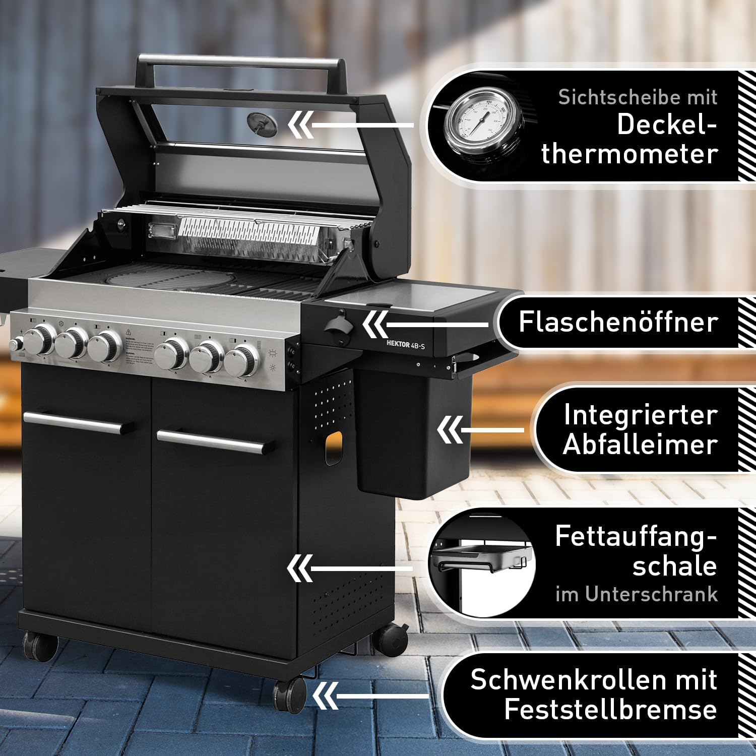 Gasgrill Hektor 4B-S inkl. Drehspieß, Abdeckhaube - All Inclusive mit 4 Grill-Utensilien - 4 Brenner, Sear-Brenner, Gusseisenroste, Heckbrenner, Seitenkocher für Garten und Terrasse