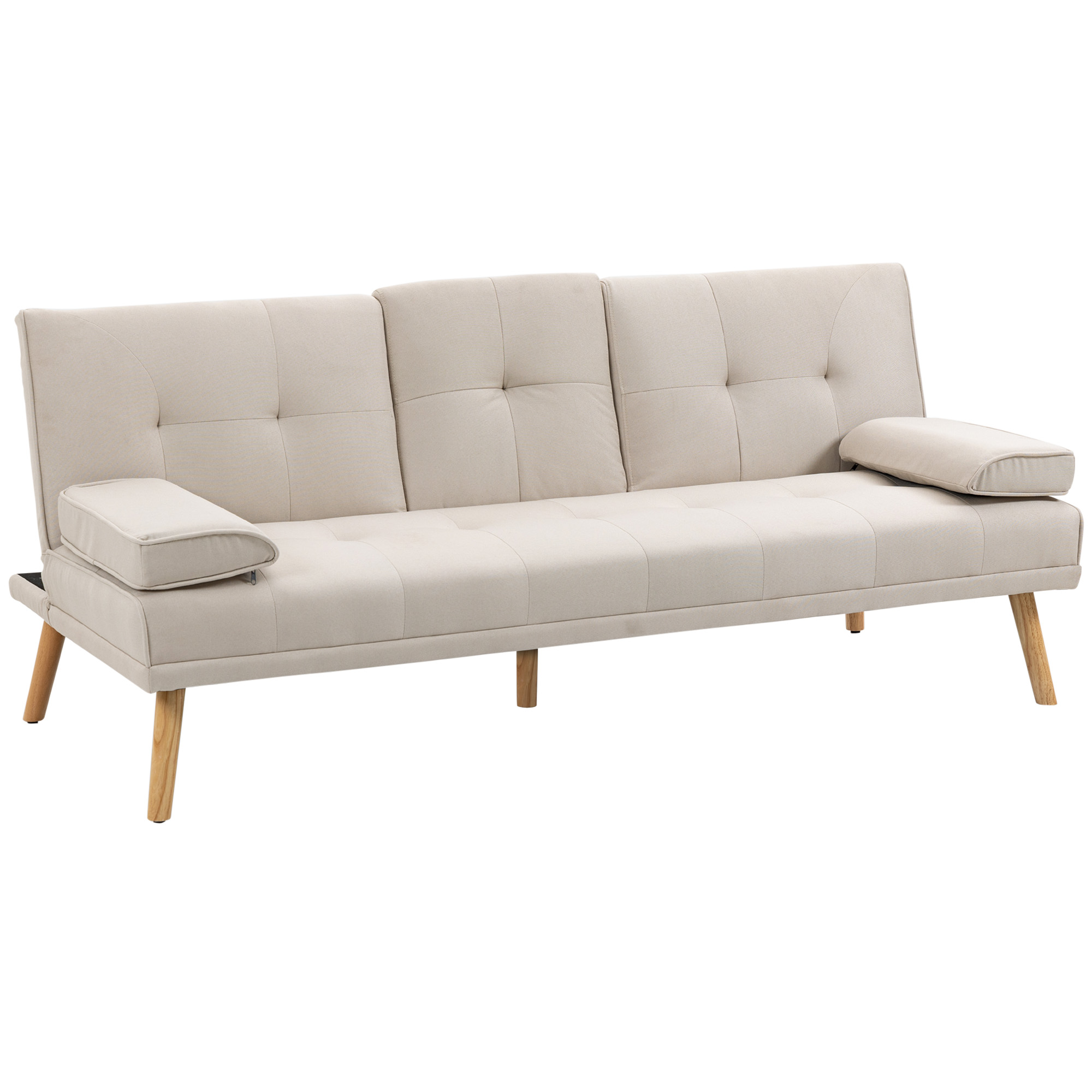HOMCOM Slaapbank 3-zits, verstelbare rugleuning met inklaptafel, twee armkussens, linnenlook, beige, 181 x 77 x 78 cm