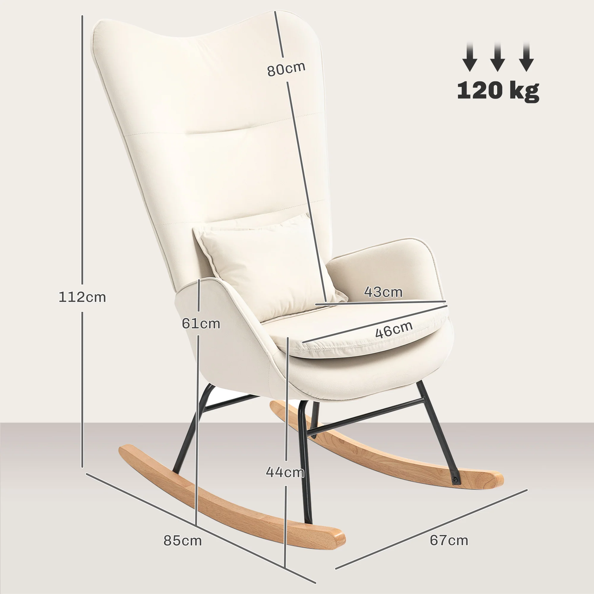 HOMCOM Schommelstoel in Samt-uitstraling met Lendenkussen, tot 120 kg, 67 x 85 x 112 cm, Crèmewit