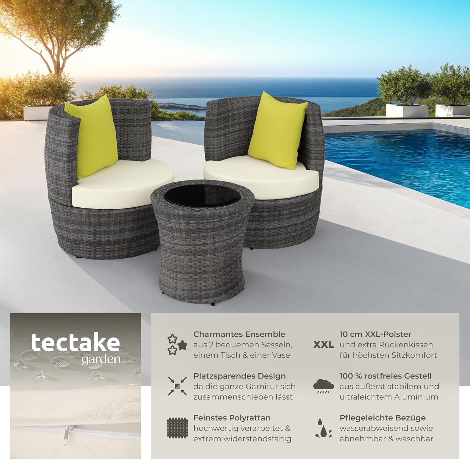 tectake® Rattan Set 2 Personen, Balkonmöbel, Aluminium Gartenmöbel Set, Outdoor Sitzgruppe mit 2X Stuhl, 1 Beistelltisch rund, 1 Vase, platzsparend zusammenschiebbar, mit Polster und Kissen - grau