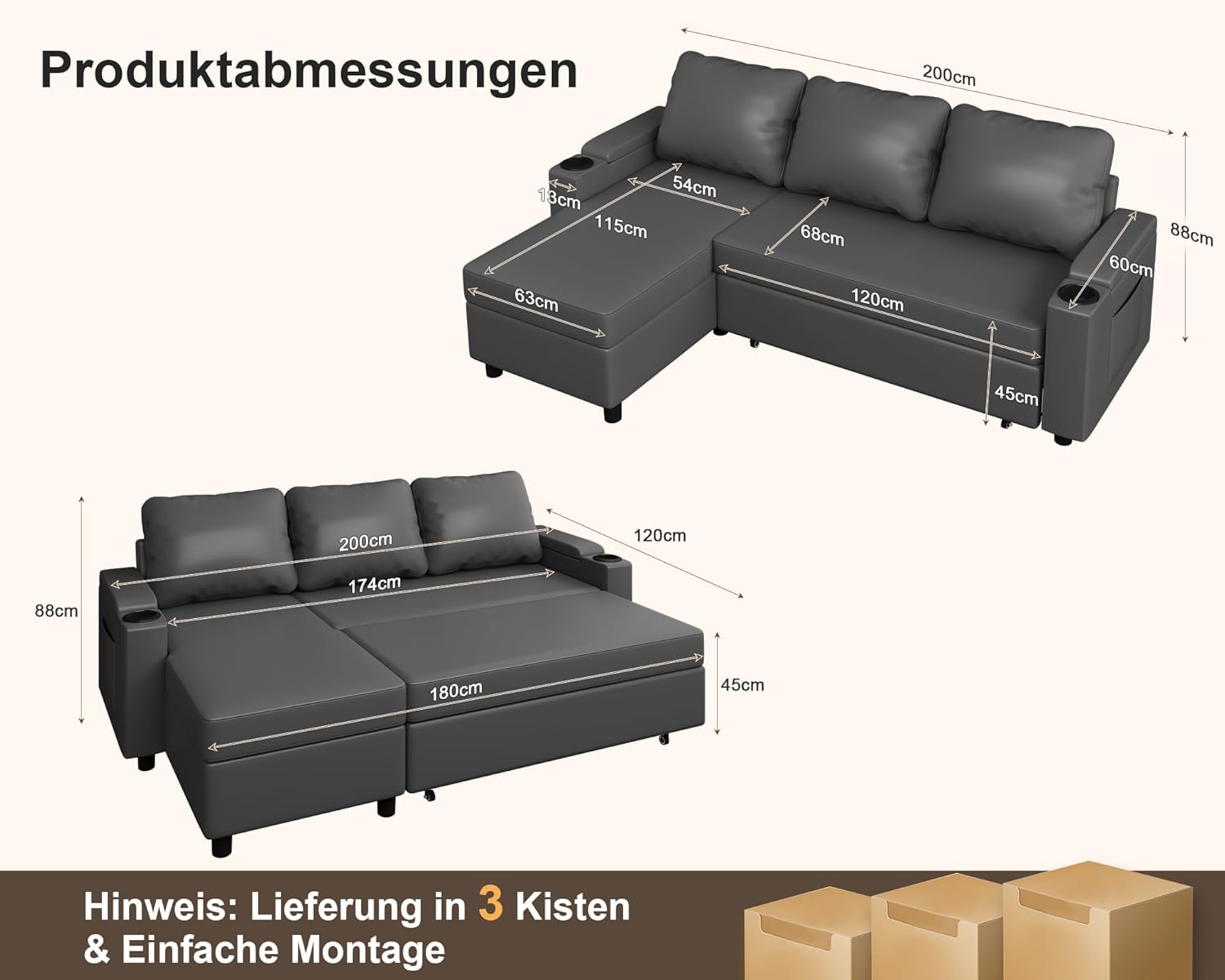 Devoko Ecksofa mit Schlaffunktion und Bettkasten L-Form Sofa 3-Sitzer Ausziehbares Schlafsofa Leder Couch Kleines Schlafcouch für Wohnung und Wohnzimmer, Schwarz