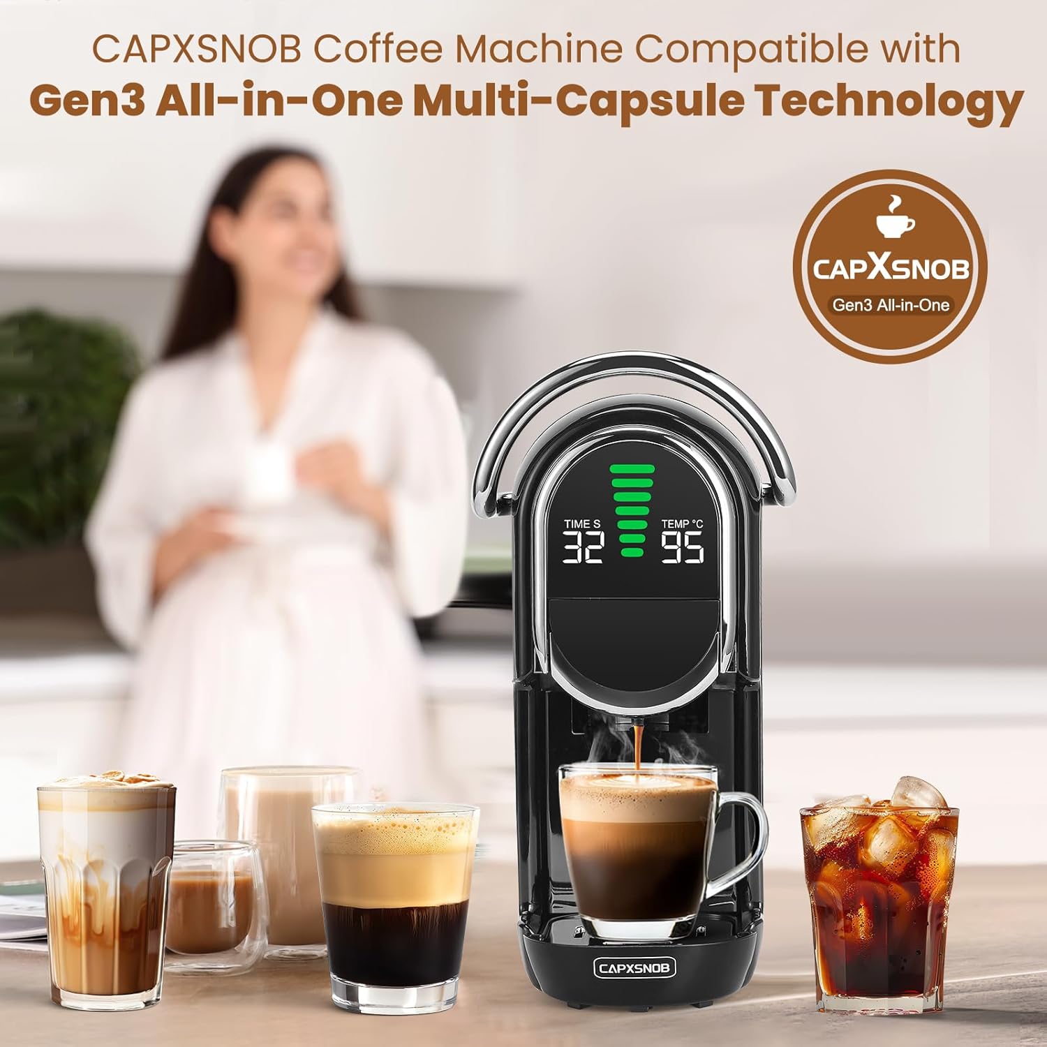 Magician1 Mini Pad-Kaffeemaschinen 5 in 1 für Nespresso Original, Dolce Gusto, Lavazza A Modo Mio Kapsel, ESE 44 mm Pads und Espresso gemahlener Kaffee, 20 Bar, 1450 W, Heiß- und Kaltgebrüht für