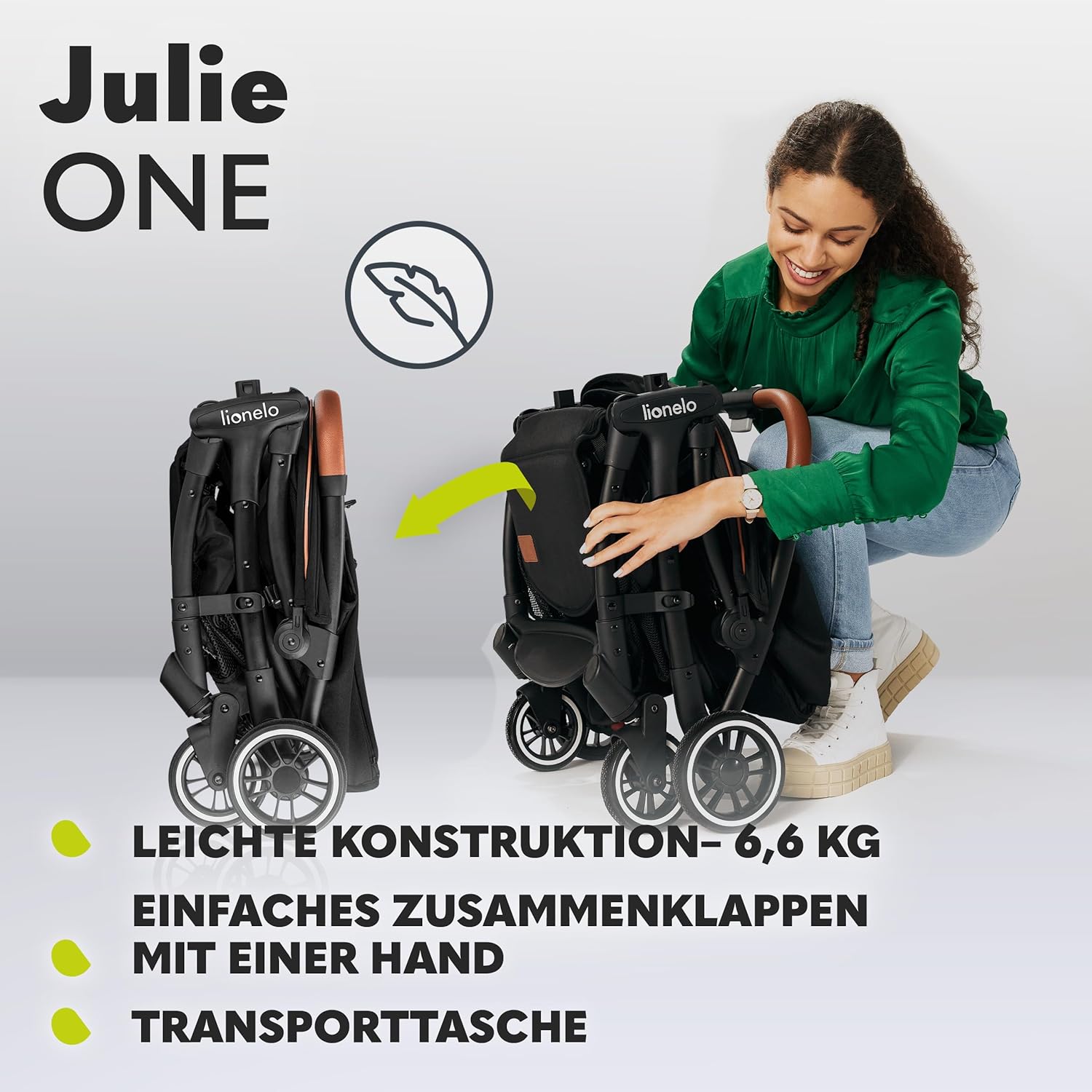 LIONELO Julie One Buggy Kinderwagen bis 22 kg, verstellbare Rückenlehne und Fußstütze, Moskitonetz, Beinwärmer, Getränkehalter und Transporttasche, zusammenklappbar