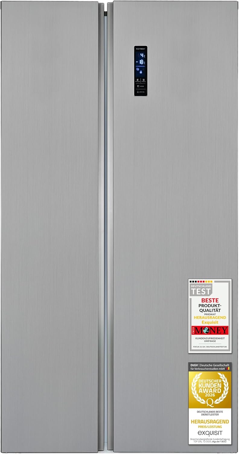 Exquisit Side-by-Side SBS546-040E inoxlook | No Frost | Nutzinhalt: 442 L | Temperaturregelung | Alarm