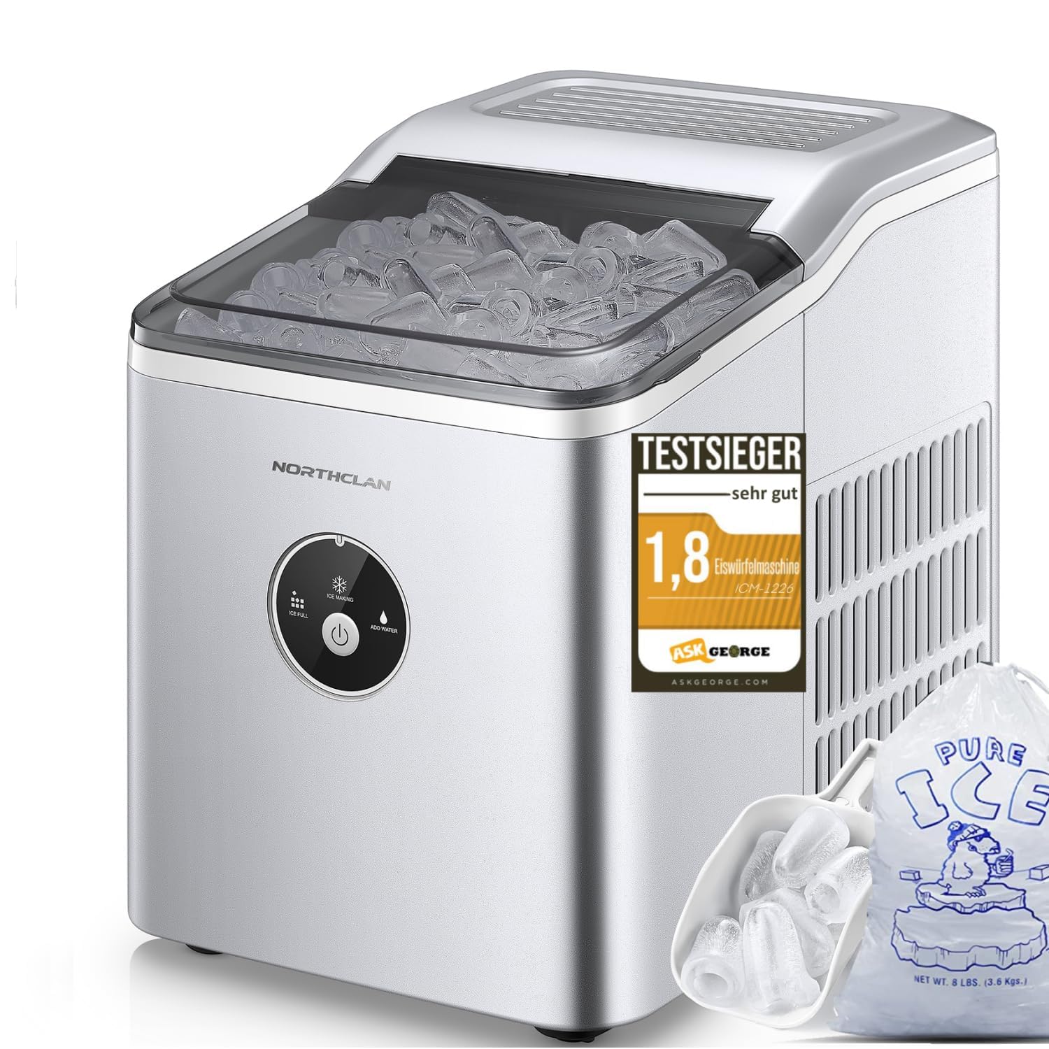 Eiswürfelmaschine Testsieger 2025, 14 kg 24 Stunden, 9 Eiswürfel in 6-8 Minuten, Gerauscharmer Betrieb, 120W Ice Maker mit Schaufel u. Korb, Eiswürfelbereiter für Zuhause, Büro (Dunkelgrau)
