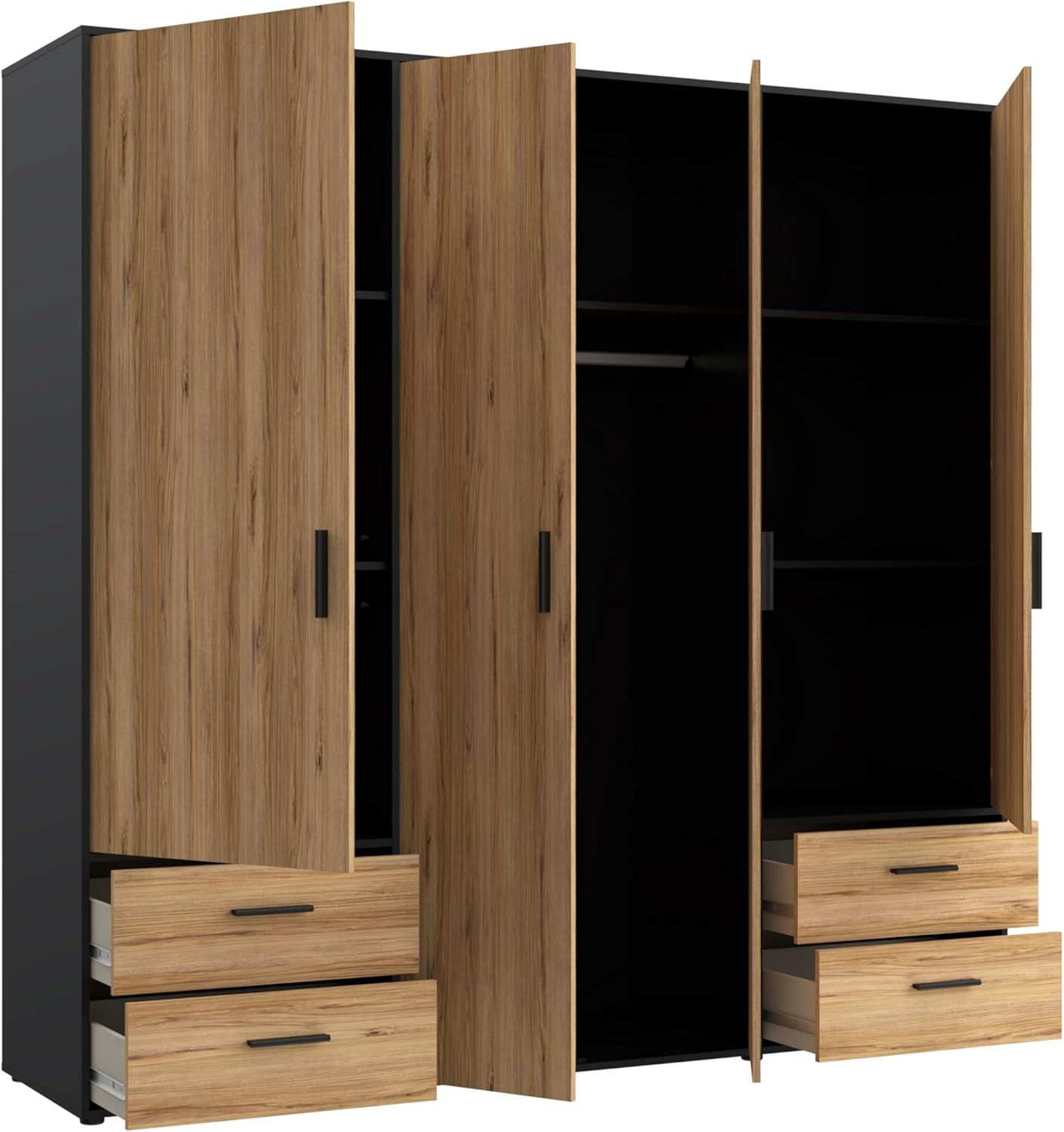 FORTE Jupiter Schrank 200 210, Kleiderschrank, Drehtürenschrank, 4-türig, mit 4 Schubladen und Einlegeböden, Schwarz mit Holz Dekor: Catania Eiche, 206 cm breit x 53 cm tief x 200 cm hoch