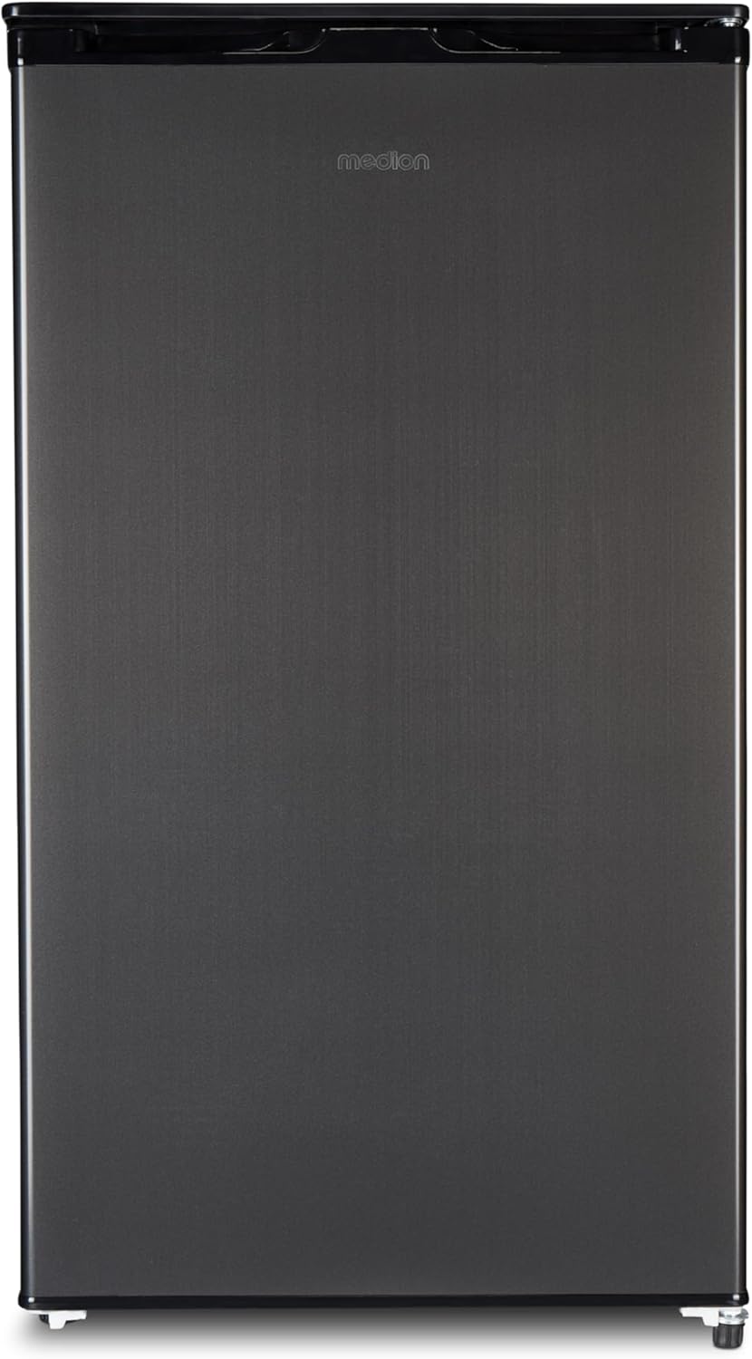 MEDION Kühlschrank mit Eiswürfelfach (90L Gesamt-Nutzinhalt 80L Kühlteil 10L Eiswürfelfach, transparente Gemüseschublade, freistehend, wechselbarer Türanschlag, höhenverstellbare Füße, MD37690) grau