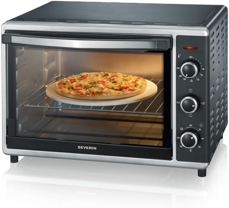 SEVERIN Back- und Toastofen mit Umluftfunktion, Mini Backofen mit Grillrost, Backblech, Drehspie und Pizzastein, vielseitiger Heiluftofen mit 42 L Kapazitt, 1.800 W, schwarz, TO 2058