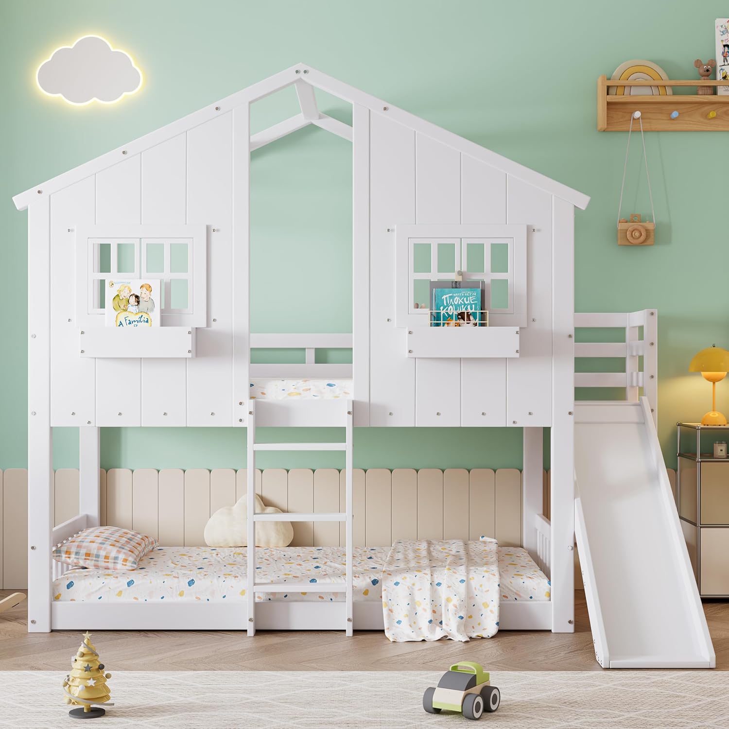 Etagenbett Kinderbett 90x200, Hochbett Hausbett für 2 Kinder, Stockbett mit Rutsche&Leiter&Fenstern&Dach&Aufbewahrungsbox, Doppelbett Holzbett mit Lattenrost&Rausfallschutz, Kiefer, Ohne Matratze,Weiß